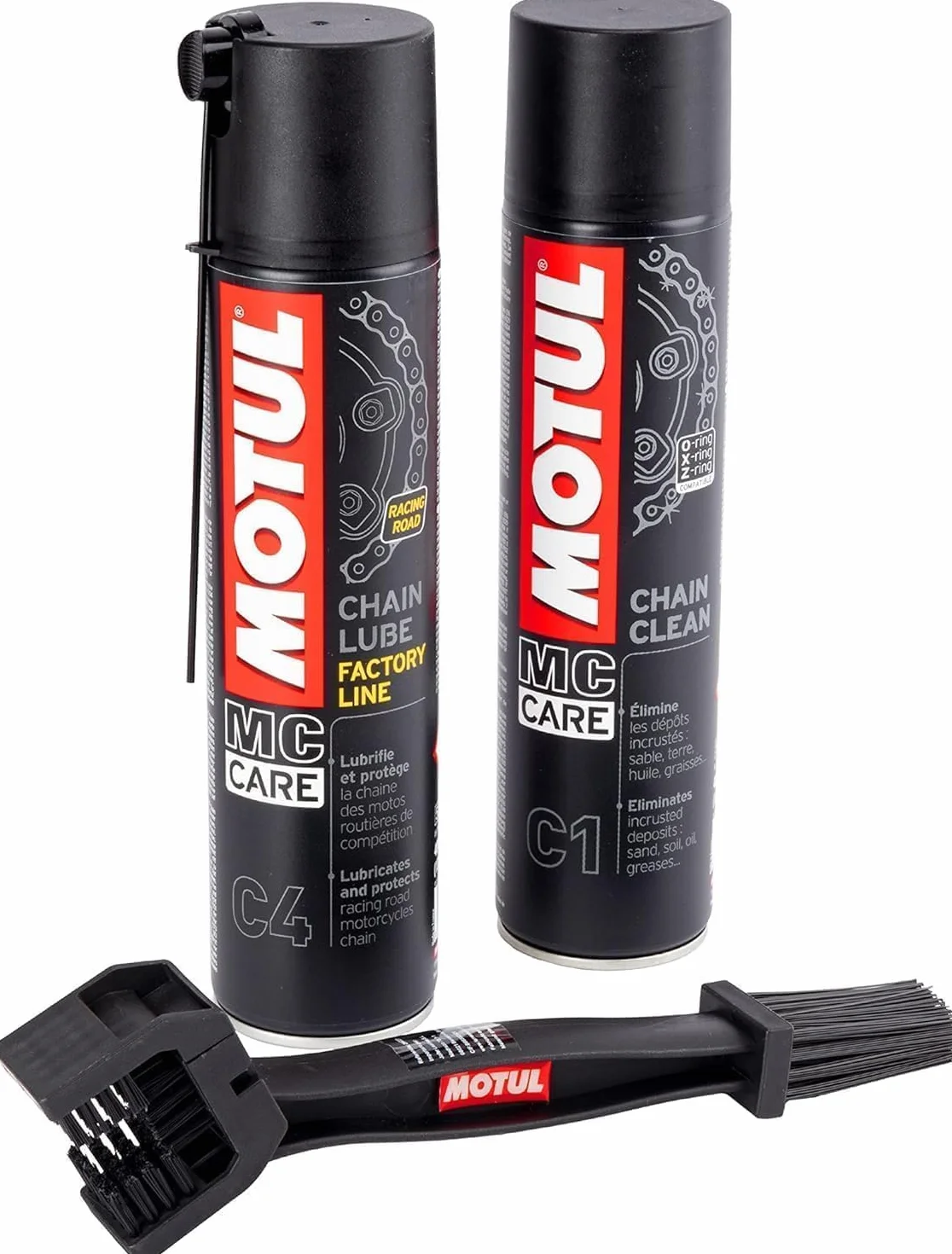 KIT PULISCI LUBRIFICA CATENA - C4 400ml + C1 400ml + SPAZZOLA PULIZIA CATENA MOTO SCOOTER