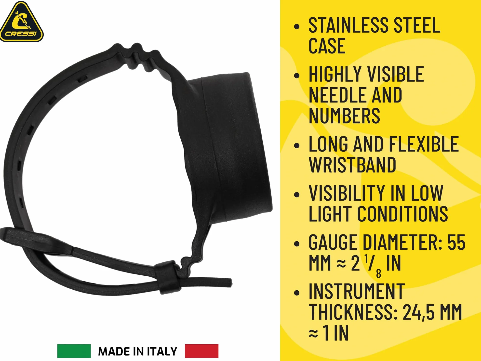 CRESSI Wristband Depth Gauge Bar - Resistente Profondimetro Analogico da Polso con Quadrante Metrico