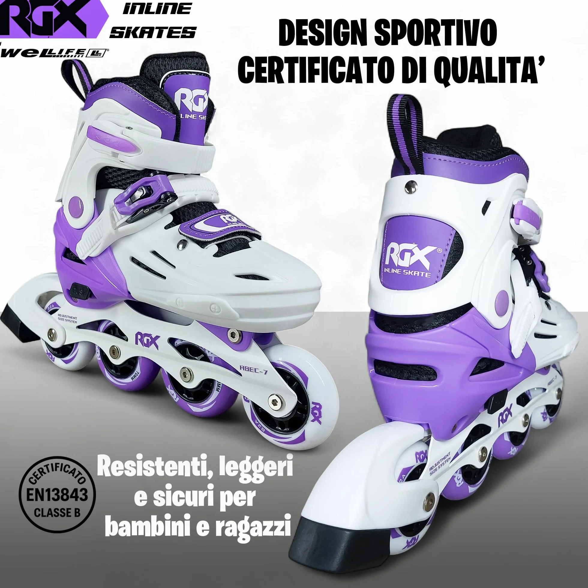 WeLLIFE RGX Line Pattini in Linea Bambina e Bambino Regolabili 4 Misure, Doppia Configurazione Ruote, Guscio Rigido, Piastra Alluminio, Cuscinetti ABEC-7