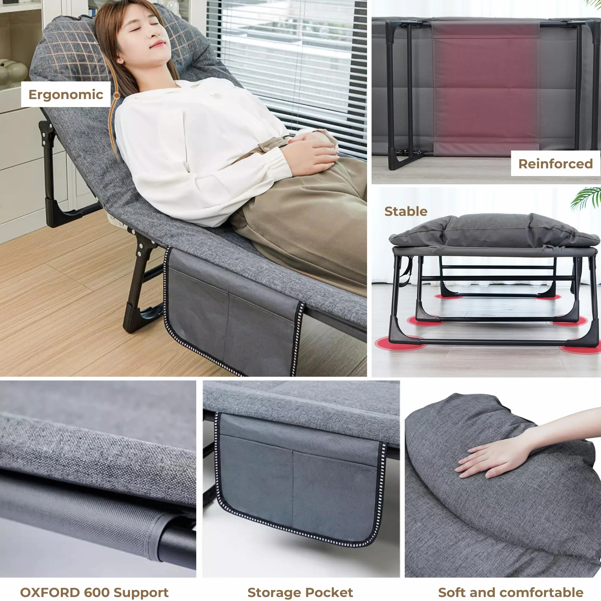 MAGIC SELECT Letto da Campeggio Portatile Imbottito Pieghevole con Cuscino Tasca Cotone Lino 200x63 cm