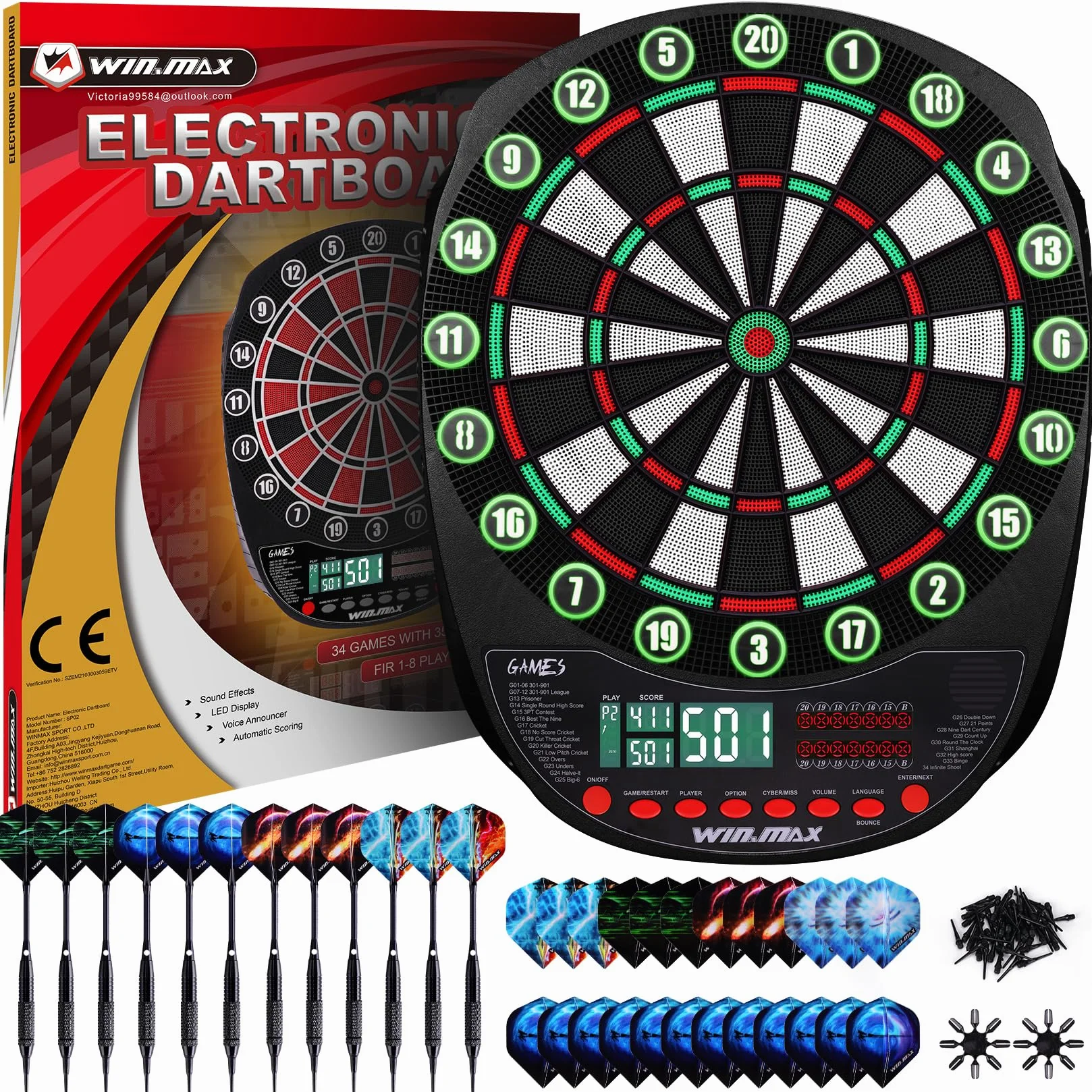 Bersaglio elettronico professionale 34 giochi 354 varianti 3 lingue tedesco inglese francese 1-8 giocatori 12 freccette