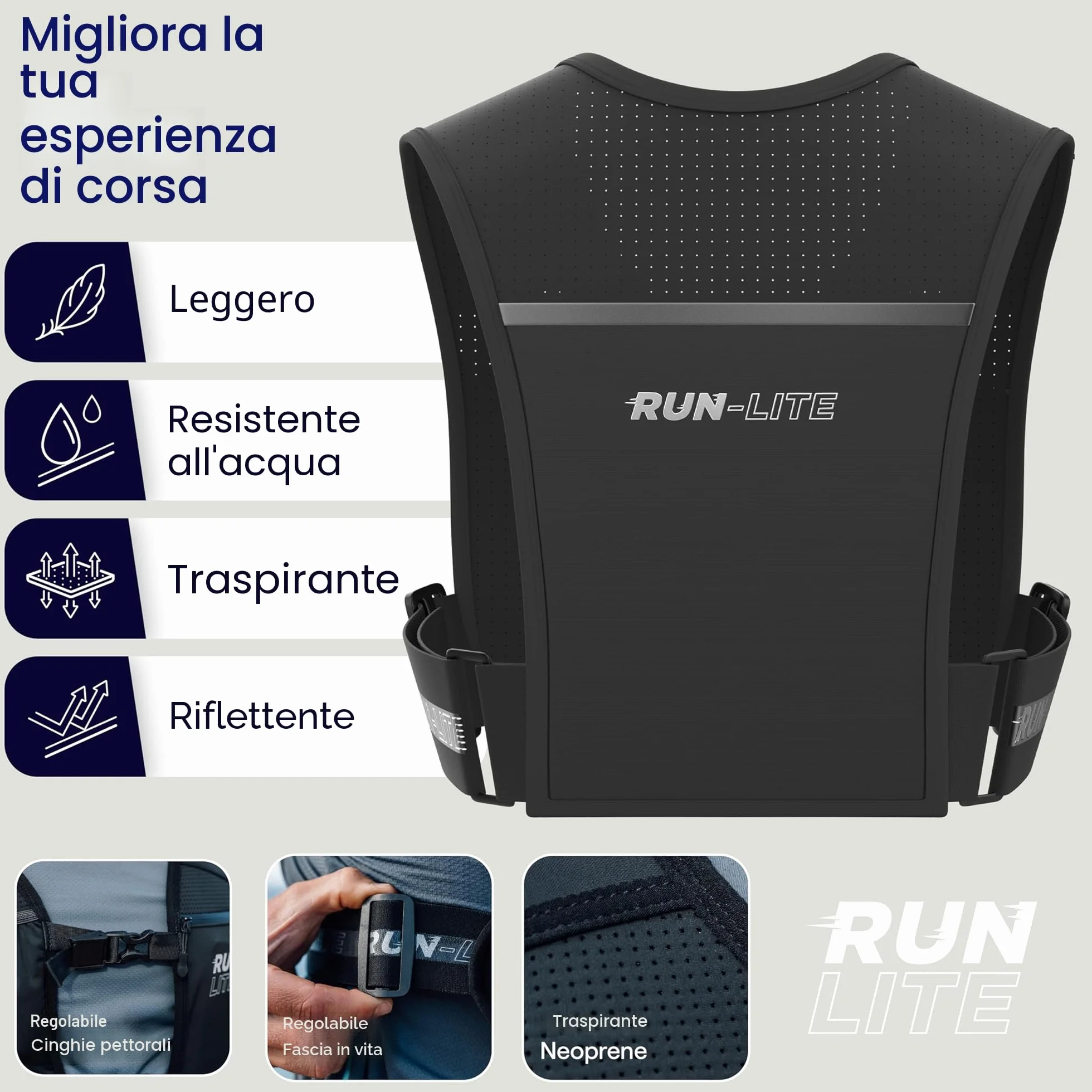 Gilet Running Unisex Impermeabile con Porta Cellulare 5 Tasche Riflettente per Corsa Jogging M/L (84-112 cm)