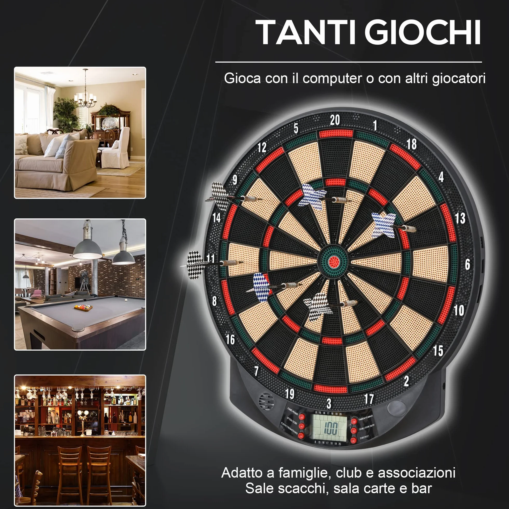 HOMCOM Bersaglio a Freccette Elettronico PP 26 Giochi 185 Opzioni Punteggio 44x39.5x2.2cm Nero