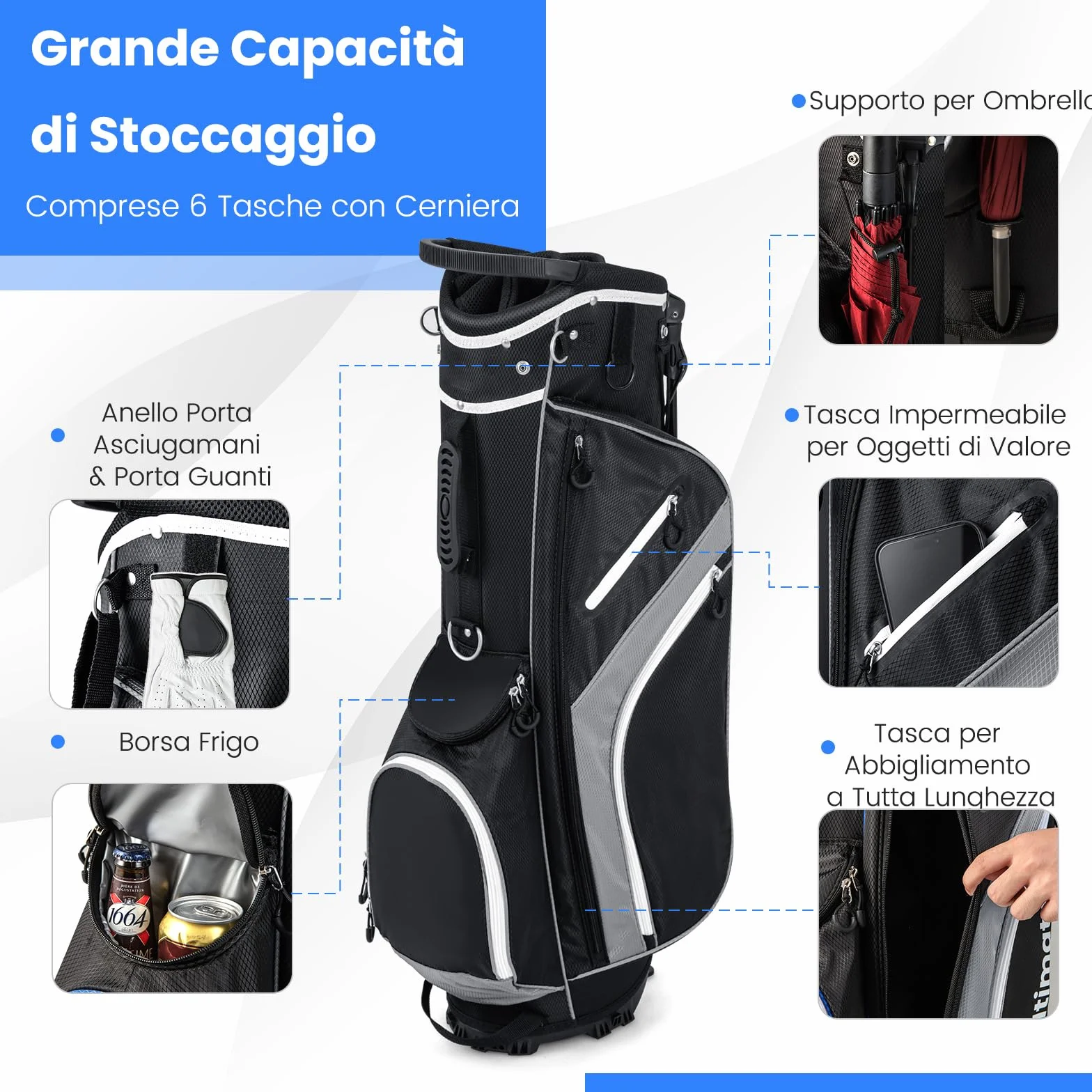 COSTWAY Borsa da Golf con Supporto, Divisori a 14 Vie, 6 Tasche, Borsa Frigo, Doppia Tracolla e Cappuccio Antipioggia
