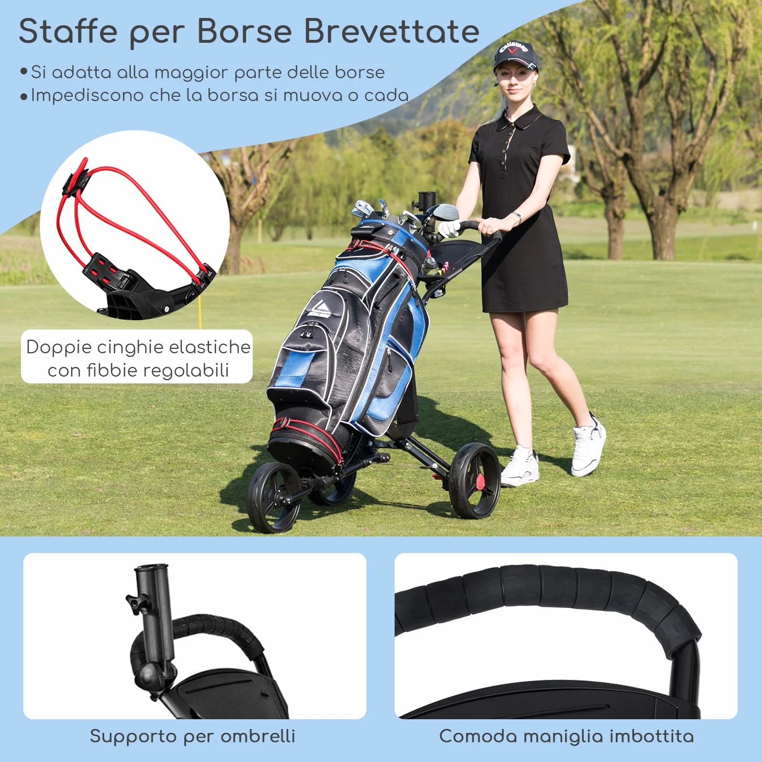 COSTWAY Carrello da Golf Pieghevole 3 Ruote Trolley Portaombrelli Porta Bicchiere Nero
