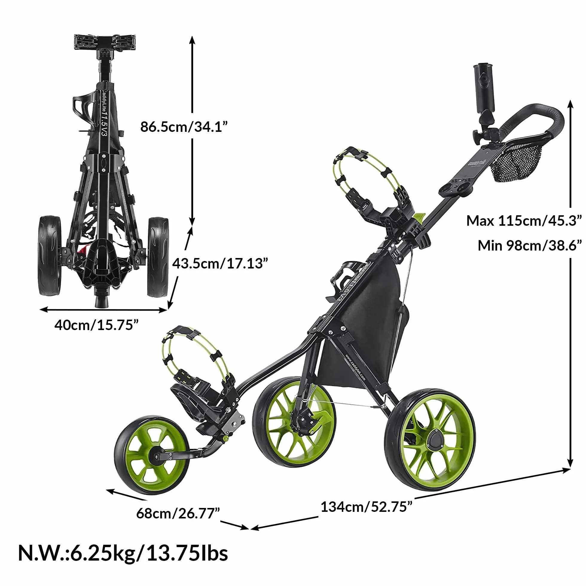Caddytek CaddyLite 11.5 V3 Carrello da Golf a 3 Ruote Leggero Pieghevole