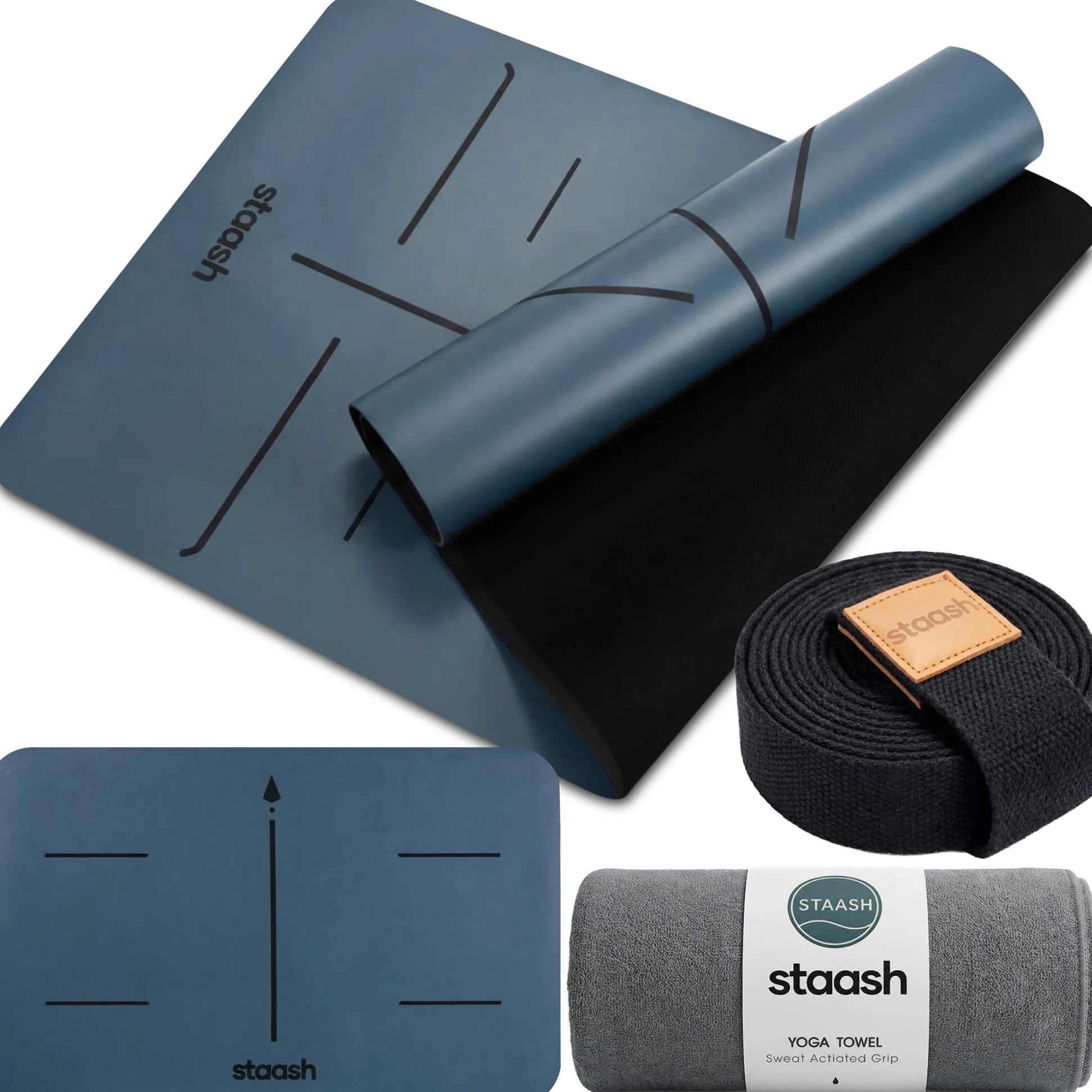 STAASH Premium Yoga Set – Tappetino da yoga in PU & gomma naturale + asciugamano in microfibra + cinturino da yoga + pad per mano – Ultra Grip, ecologico e qualità da studio per yoga esigenti