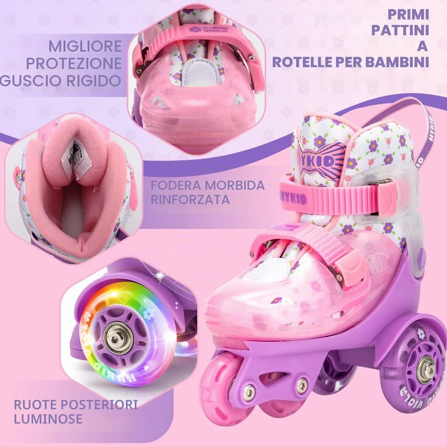Pattini a Rotelle Bambina 4 Misure Regolabili, Struttura 3 Punti Stabile, Ruote Illuminate