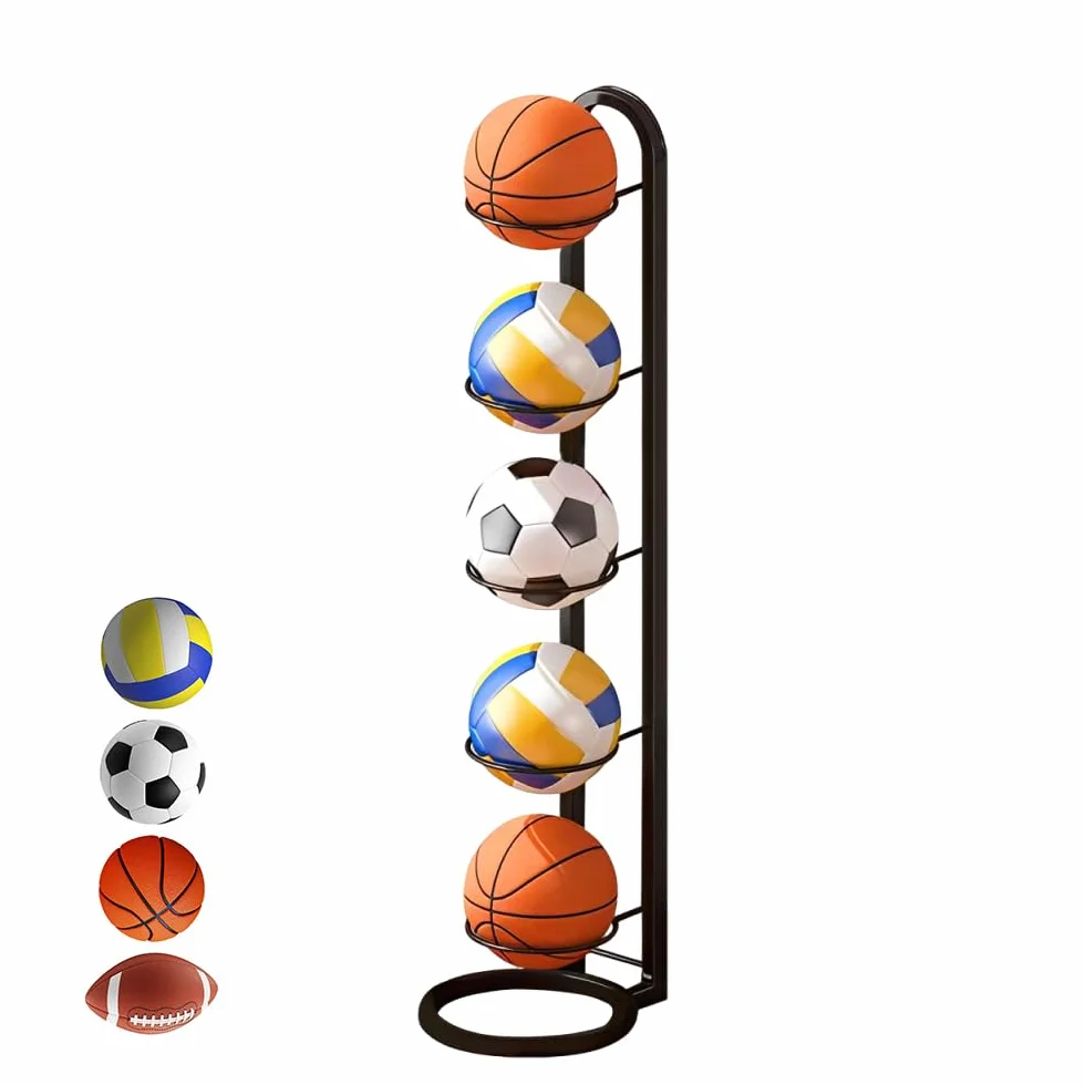 Porta Palloni a 5 Livelli Rastrelliera da Basket Verticale, Scaffale Stoccaggio Attrezzature Sportive Nero