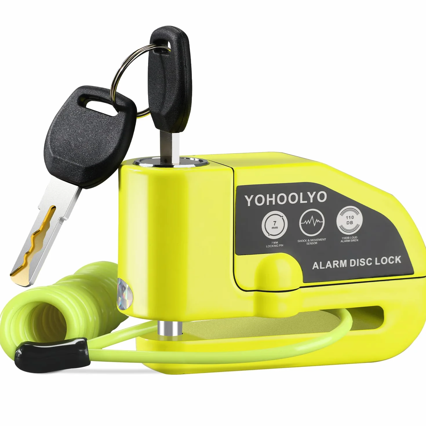 YOHOOLYO Bloccadisco Moto Antifurto con Allarme Sonoro 110DB, Accessori di Protezione 2 Chiavi, 1.5m Reminder per Motorino Motocross