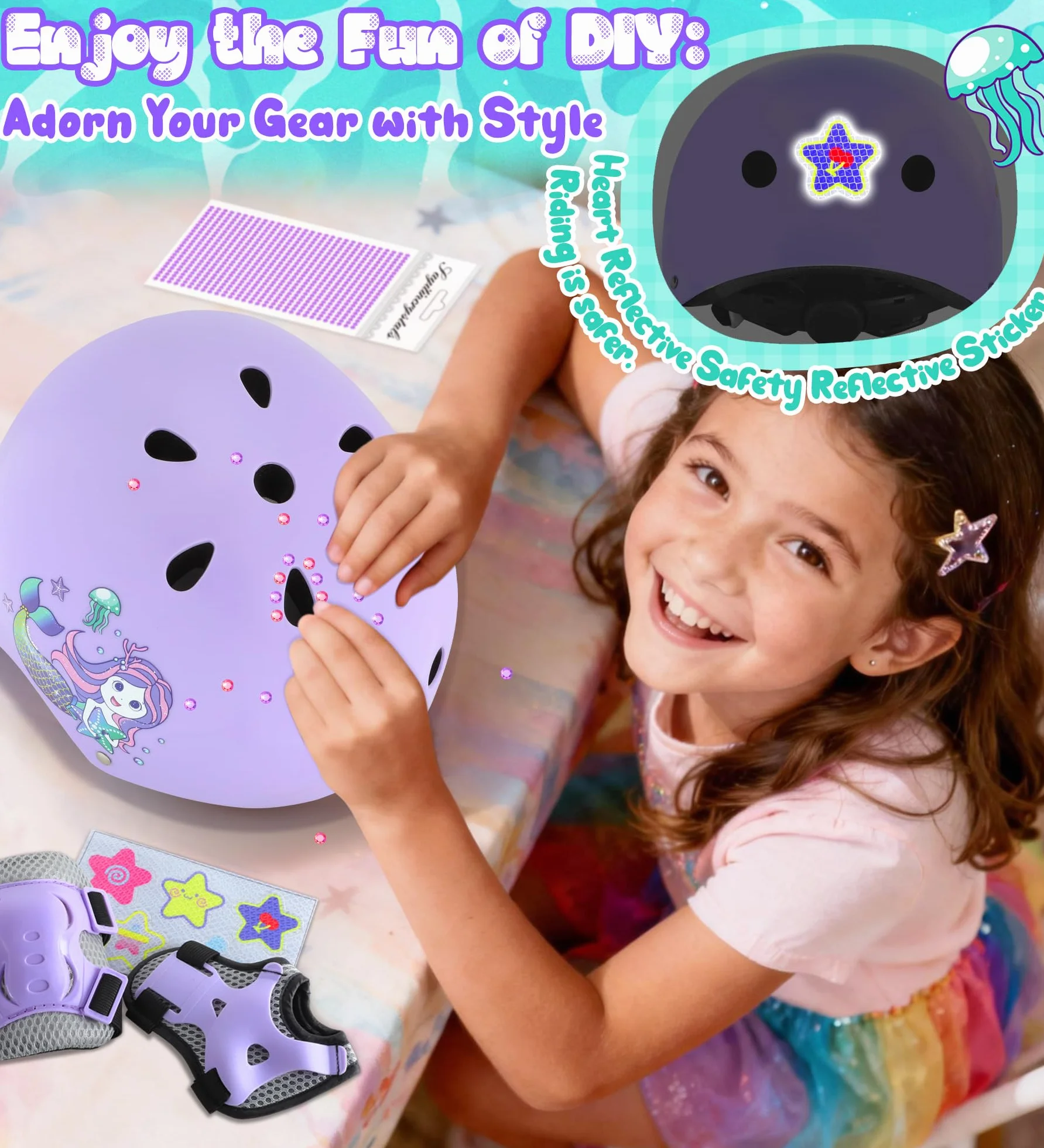 Sirenetta Set Casco Protezione Bambina Regolabile Ginocchiere Gomitiere Bici Skateboard Hulajnoga
