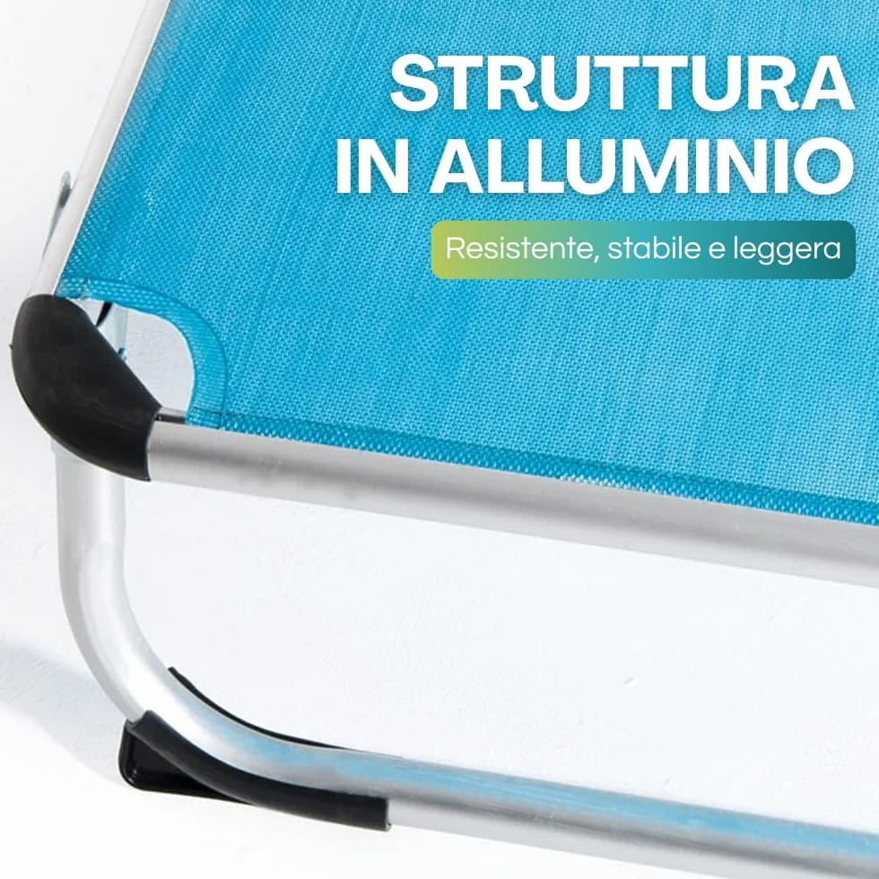 Lettino Prendisole Pieghevole in ALLUMINIO 190x60x80 cm Tessuto Textilene impermeabile tubolare 25mm Peso Max 120kg Azzurro