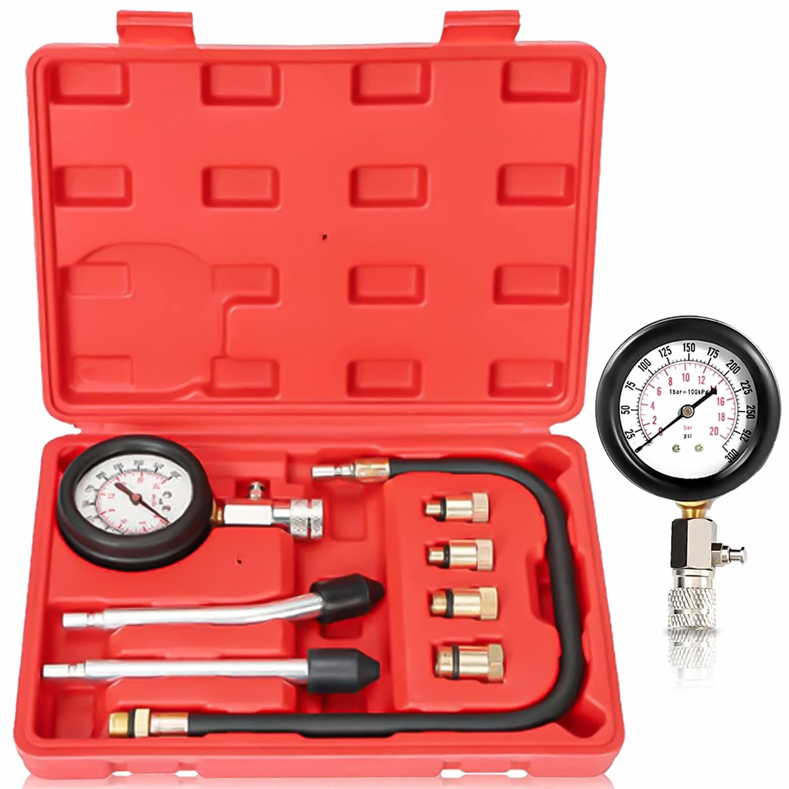 Kit Tester di Compressione per Auto: Set di 4 Adattatori e Valigia, Misuratore di Compressione Motore a Benzina 0-20 Bar o 0-300 PSI, per Camion, Moto