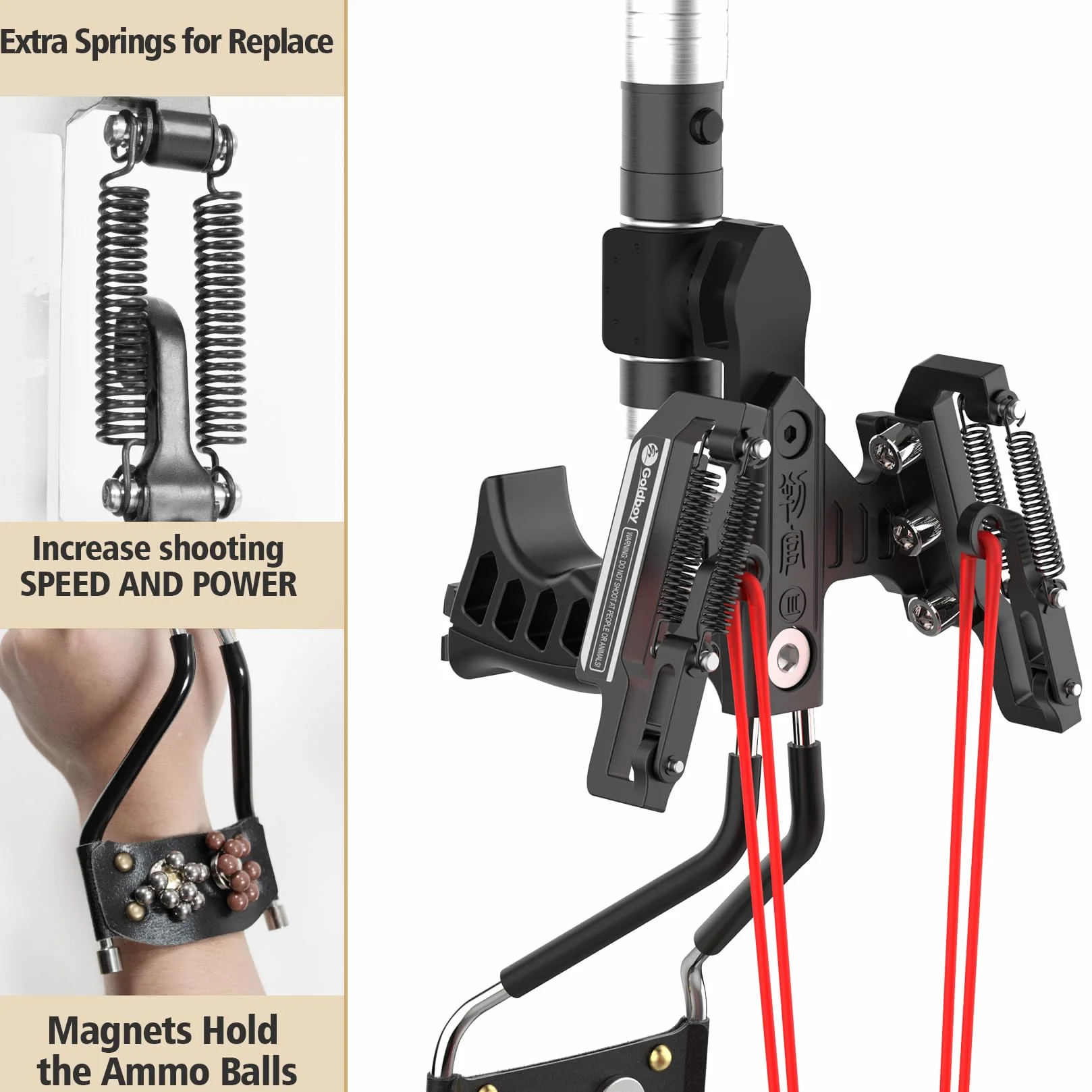 Goldboy Slingshot with Red Beam Sight, Wrist Rocket with Flashlight, Hunting Slingshot 4 Rubber Bands 220 Ammo Adults Black