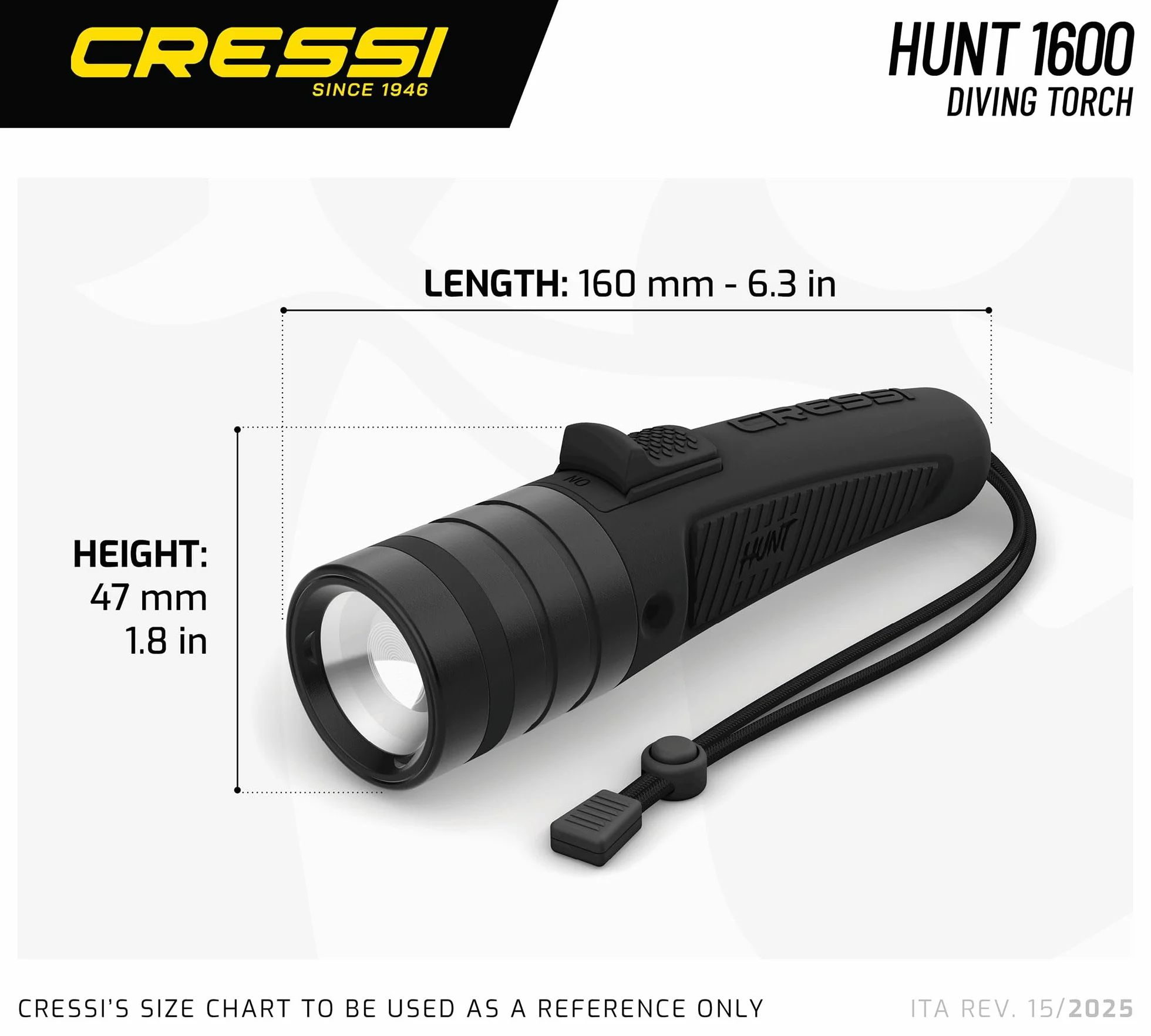 CRESSI Hunt Torch 1600 Torcia Subacquea LED Ricaricabile 1600 Lumen Impermeabile IPX8 100m