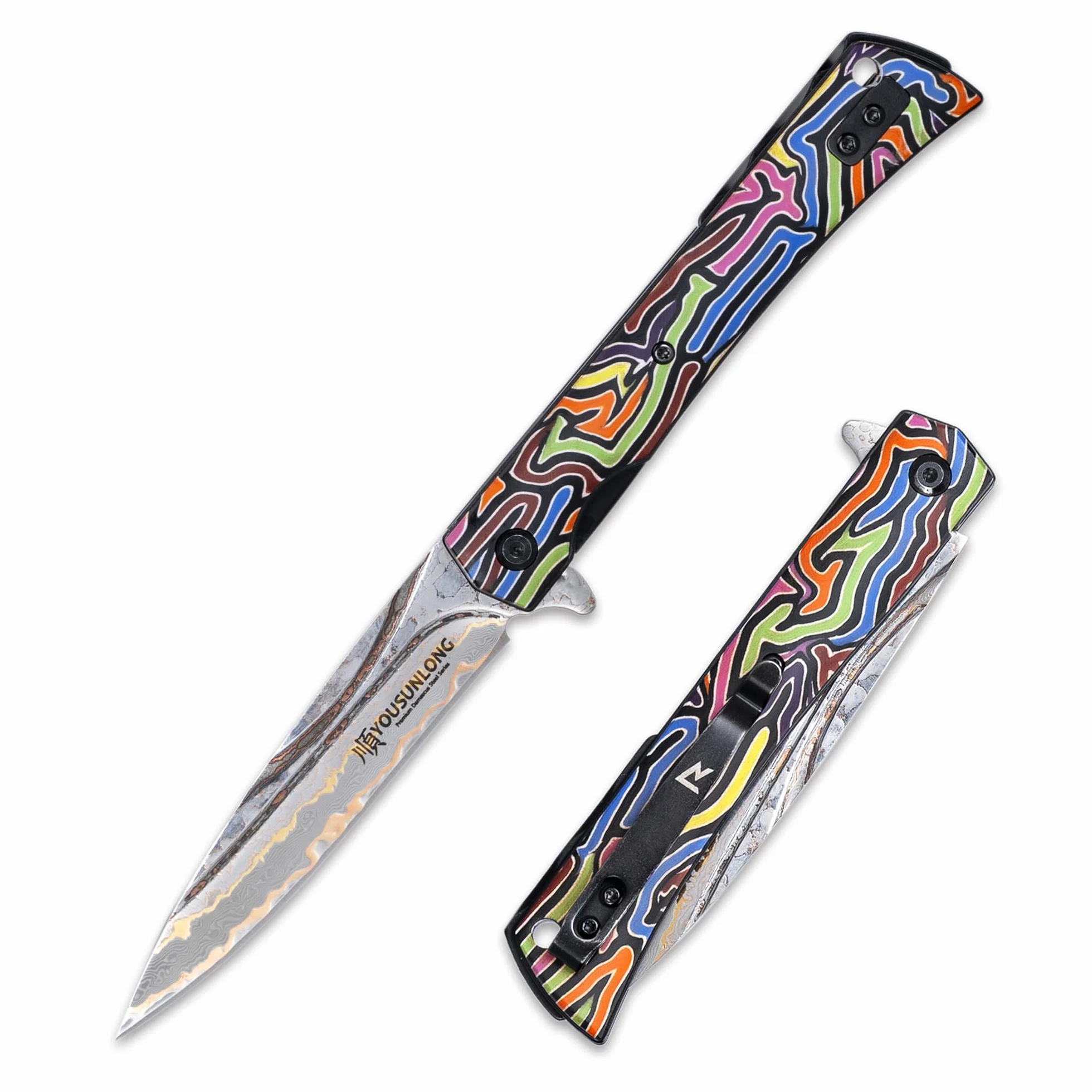 YOUSUNLONG Coltello pieghevole da campeggio da 215 mm - Lama in acciaio damasco CuMai - Rivestimento del manico in G10 multicolore