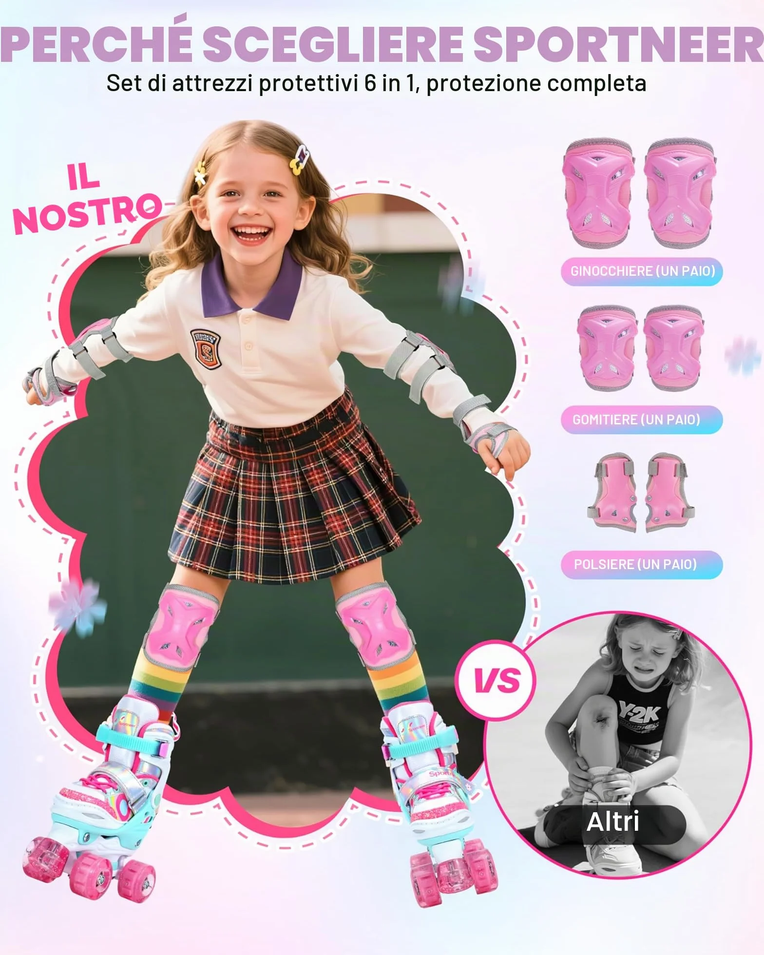 Pattini a rotelle per bambine regolabili 4 misure con 8 ruote LED illuminate