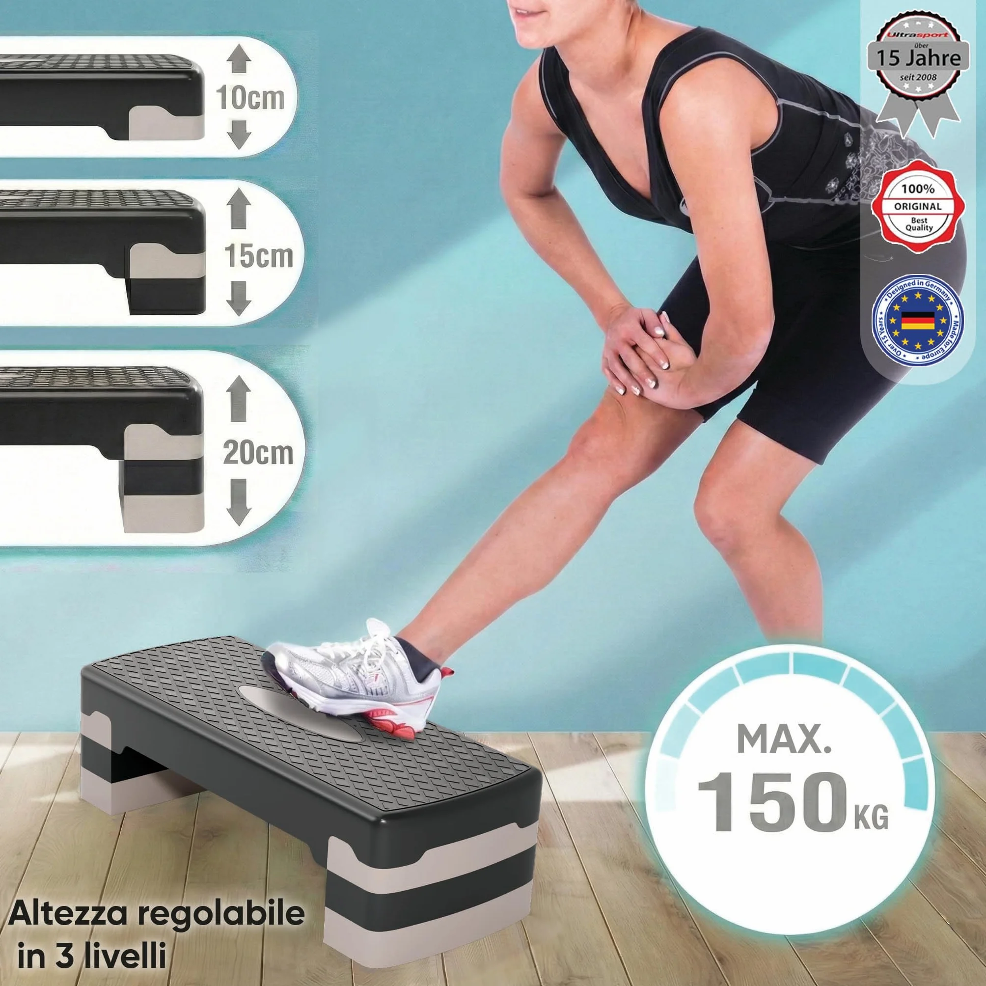 Ultrasport Step Fitness Aerobica Stepper Casa Antiscivolo Regolabile 3 Altezze Stepboard 68x28 cm Grigio