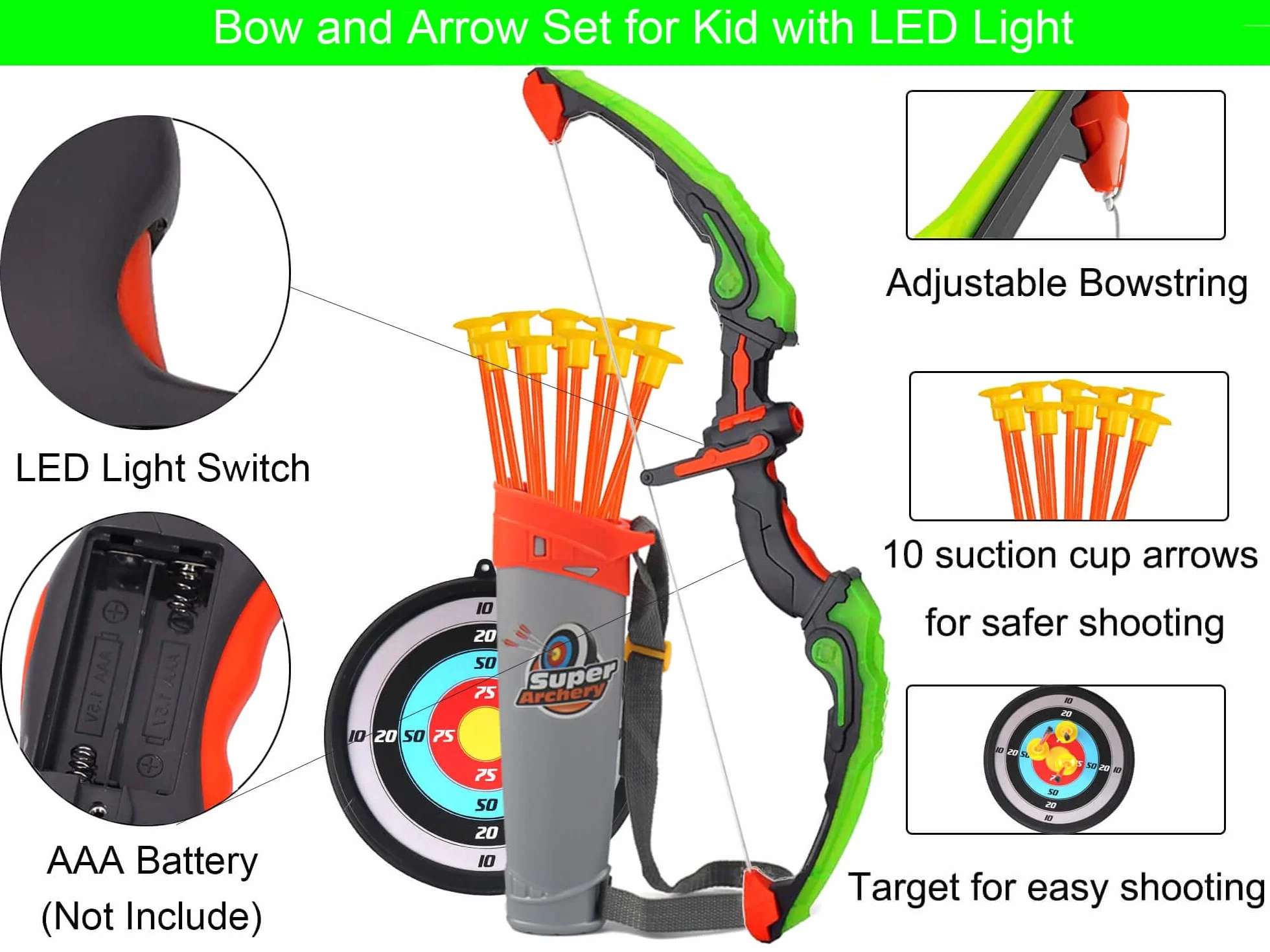 Arco e frecce per bambini con luci LED, kit giocattolo con bersaglio e ventose, 10 frecce