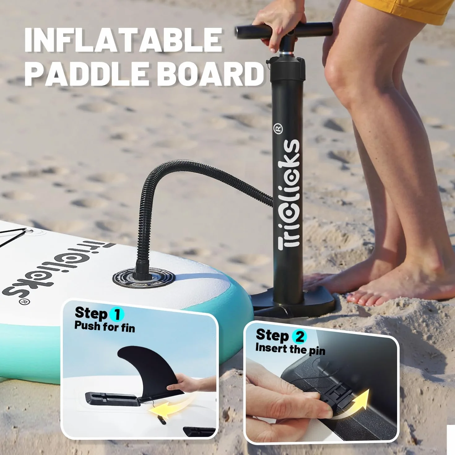 Triclicks SUP Tavola da surf gonfiabile con paletta regolabile, pompa a mano con manometro, leash, finner, zaino, 300 x 76 x 15 cm