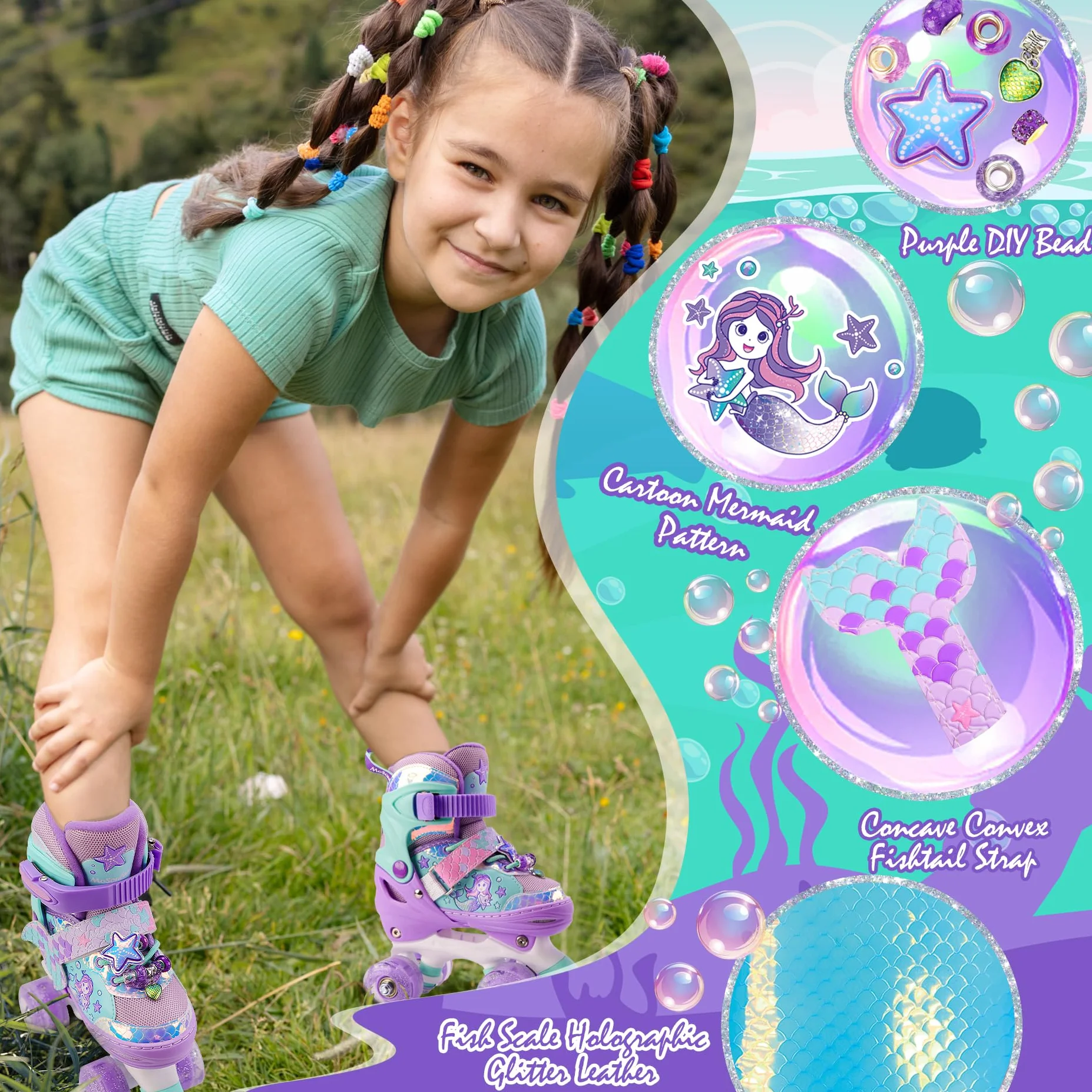 Sirenetta Pattini a Rotelle Bambina Pattini Bambina Pattini 4 Ruote Regolabili con Tutte LED Ruote Luminose per Principianti Ragazza Bambina Regali di Natale e Compleanno