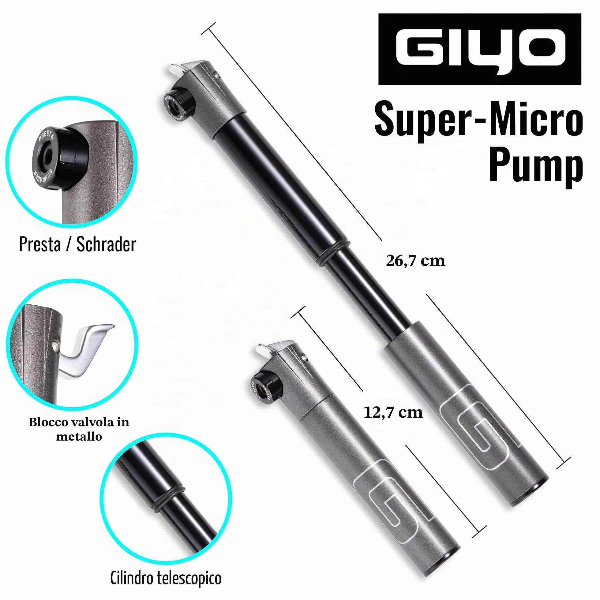 GIYO Pompa per Pneumatici Bici 80 PSI Telescopico All Metal CNC Portatile Mini Pompa Valvola Schrader Presta MTB