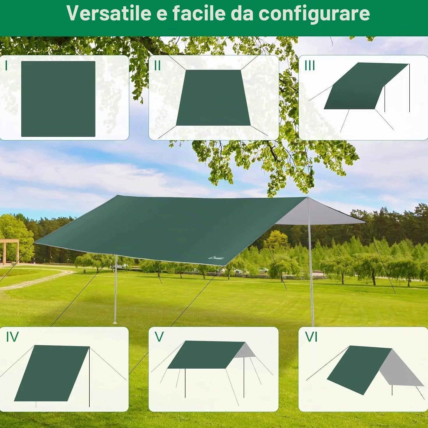 WADEO Kit Telo Copertura con Pali, [3x3M] Impermeabile e Resistente, Protezione UV, Telo da Sole e Pioggia per Shelter, Ideale per Campeggio, Picnic, Spiaggia, Festival, Giardino