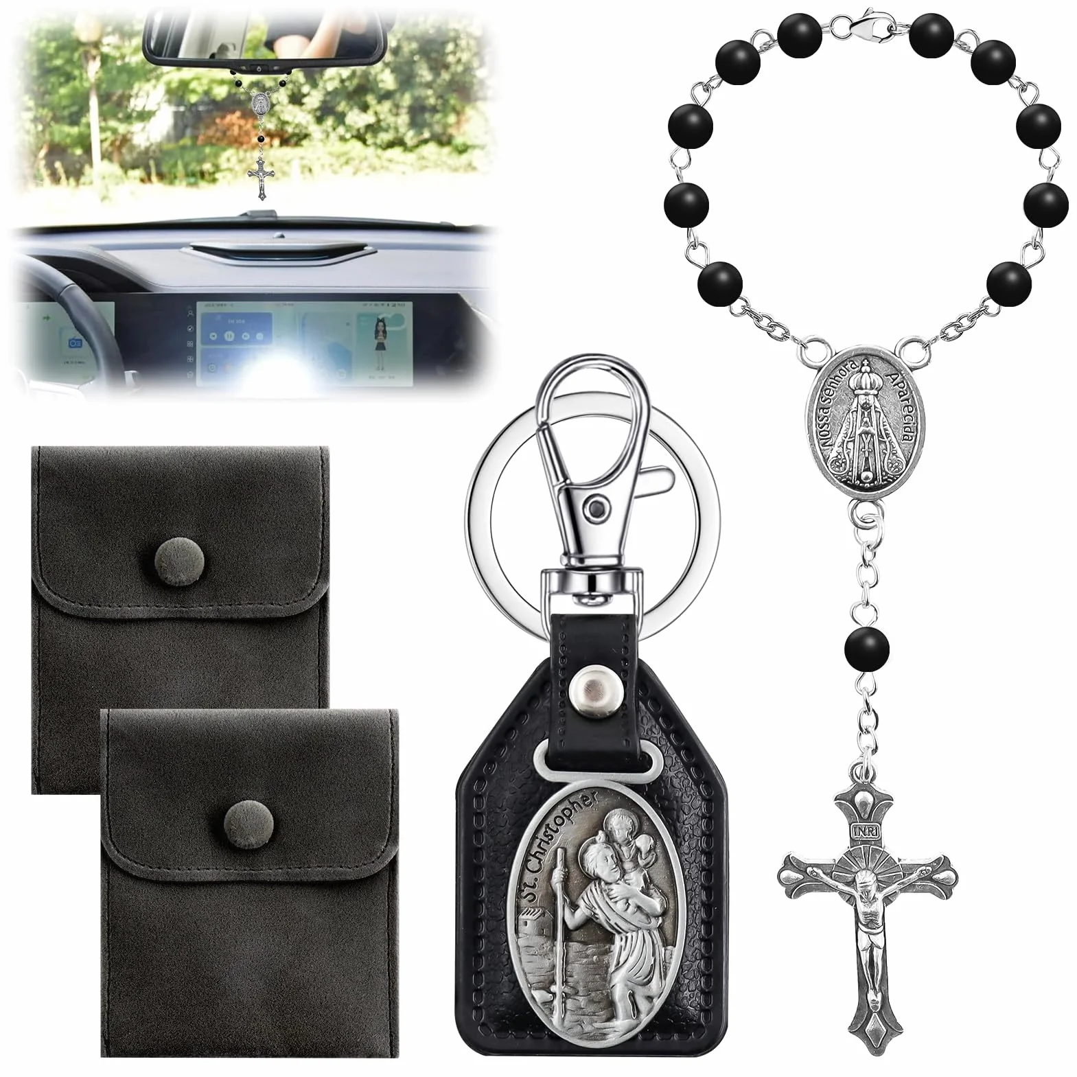 Hpbaggy Ciondolo Rosario per Auto Specchietto Retrovisore con portachiavi di San Cristoforo Sacchetto Regalo in Velluto Regalo per Automobilista Rosario da Preghiera Talismano per Macchina Specch