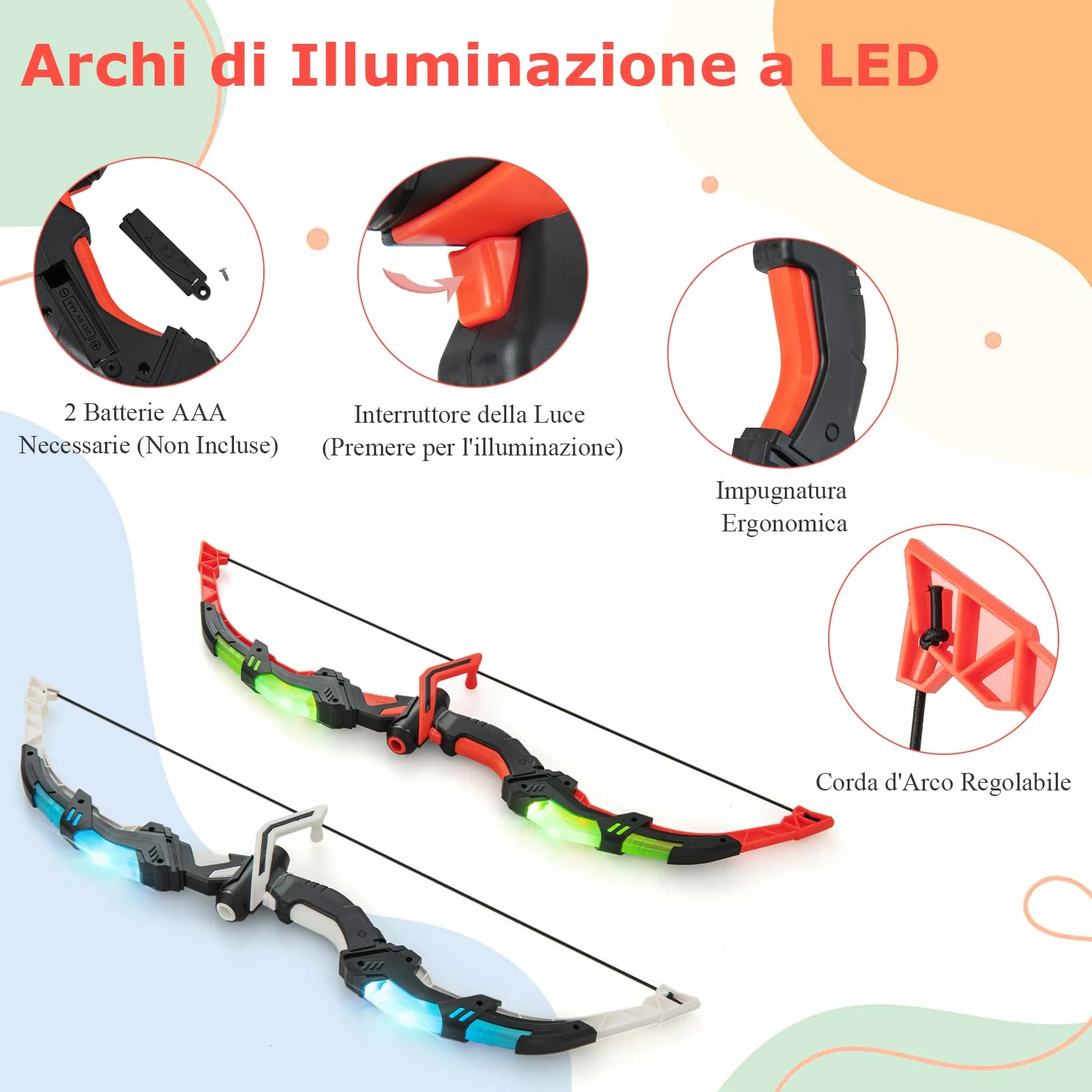 GYMAX Set di 2 Archi e Frecce a LED per Bambini con 20 Frecce a Ventosa, 2 Faretre e Bersaglio