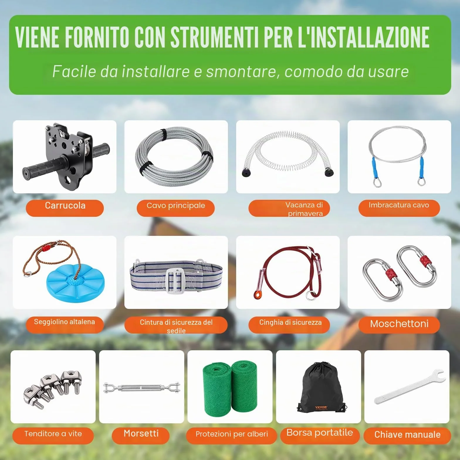 VEVOR Kit Teleferica Zipline 24,38 m Giardino Cortile Parco Corda Scivolo Corrimano Seduta Carico Max 149 kg