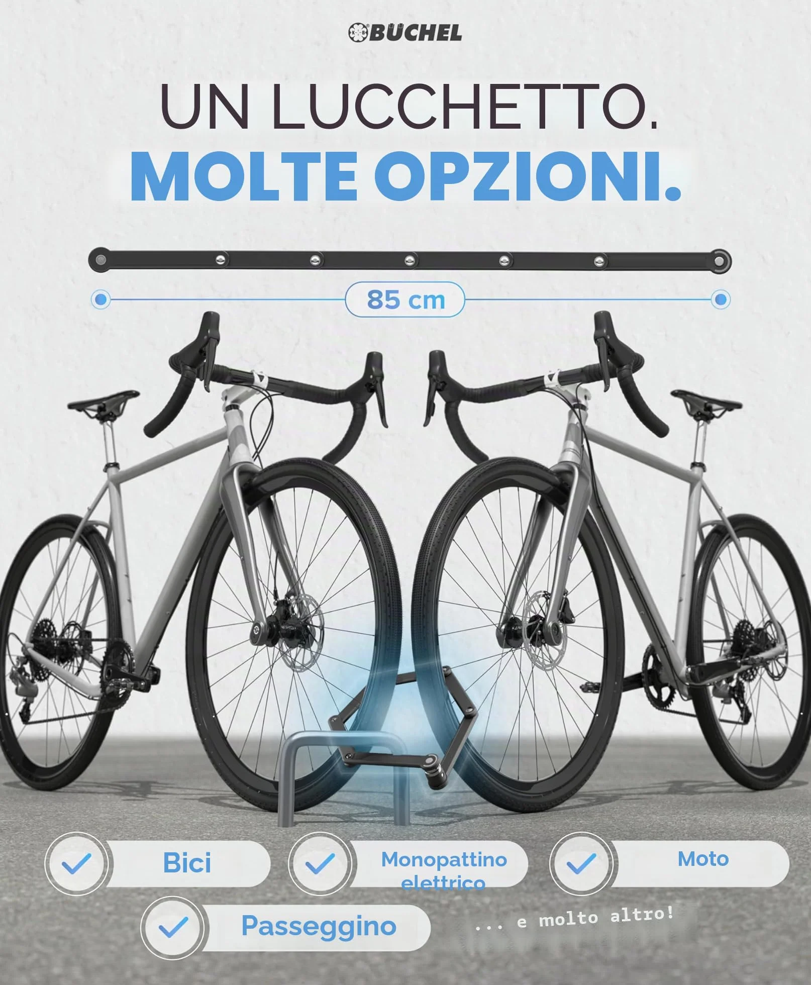 BÜCHEL Sekura Lucchetto Bici 85 cm – Catena Antifurto in Acciaio Temperato per E-Bike, Moto, Bicicletta con Supporto e 3 Chiavi