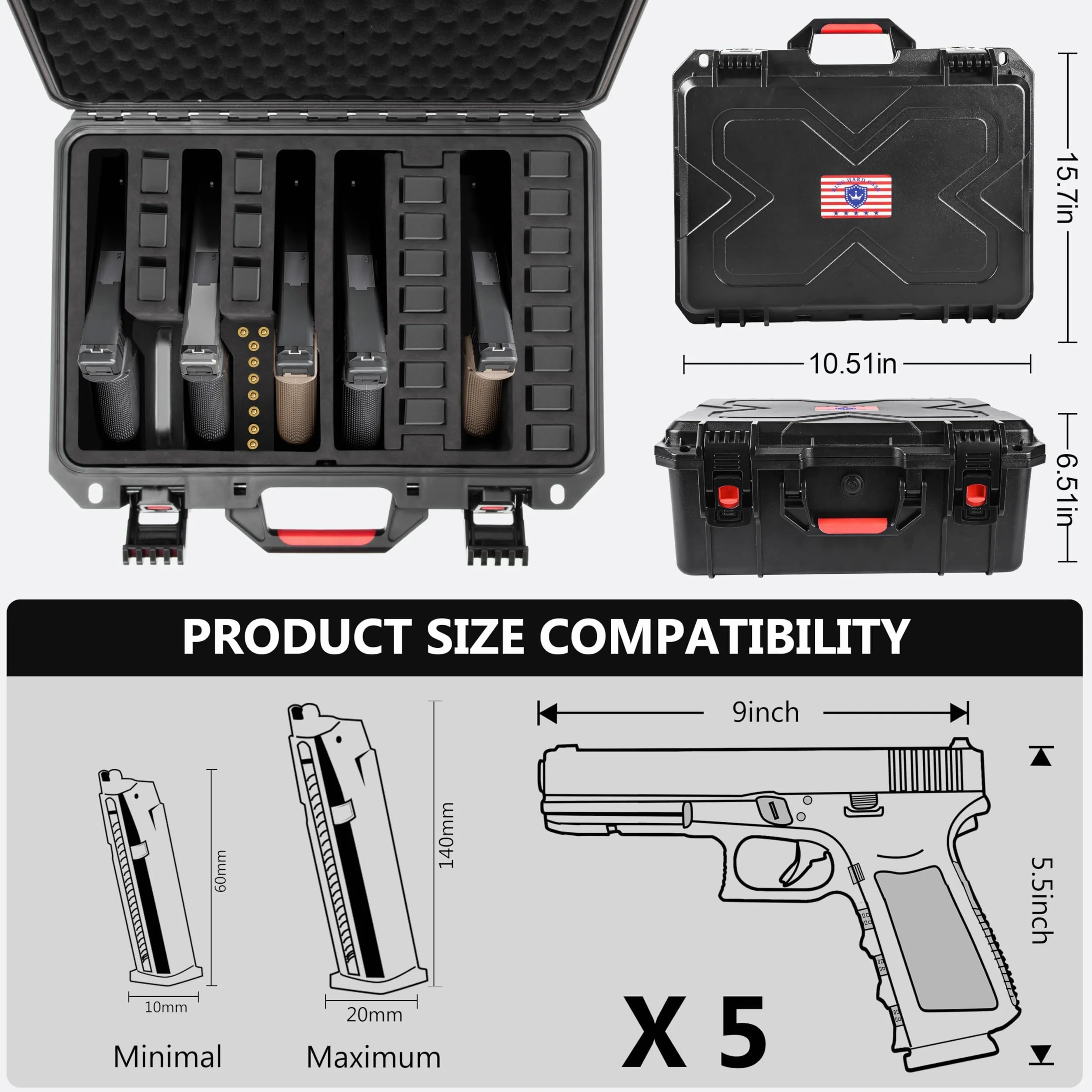 Kinghardcase Valigetta Rigida per Pistole Impermeabile Compatibile con 5 Pistole e 12 Caricatori