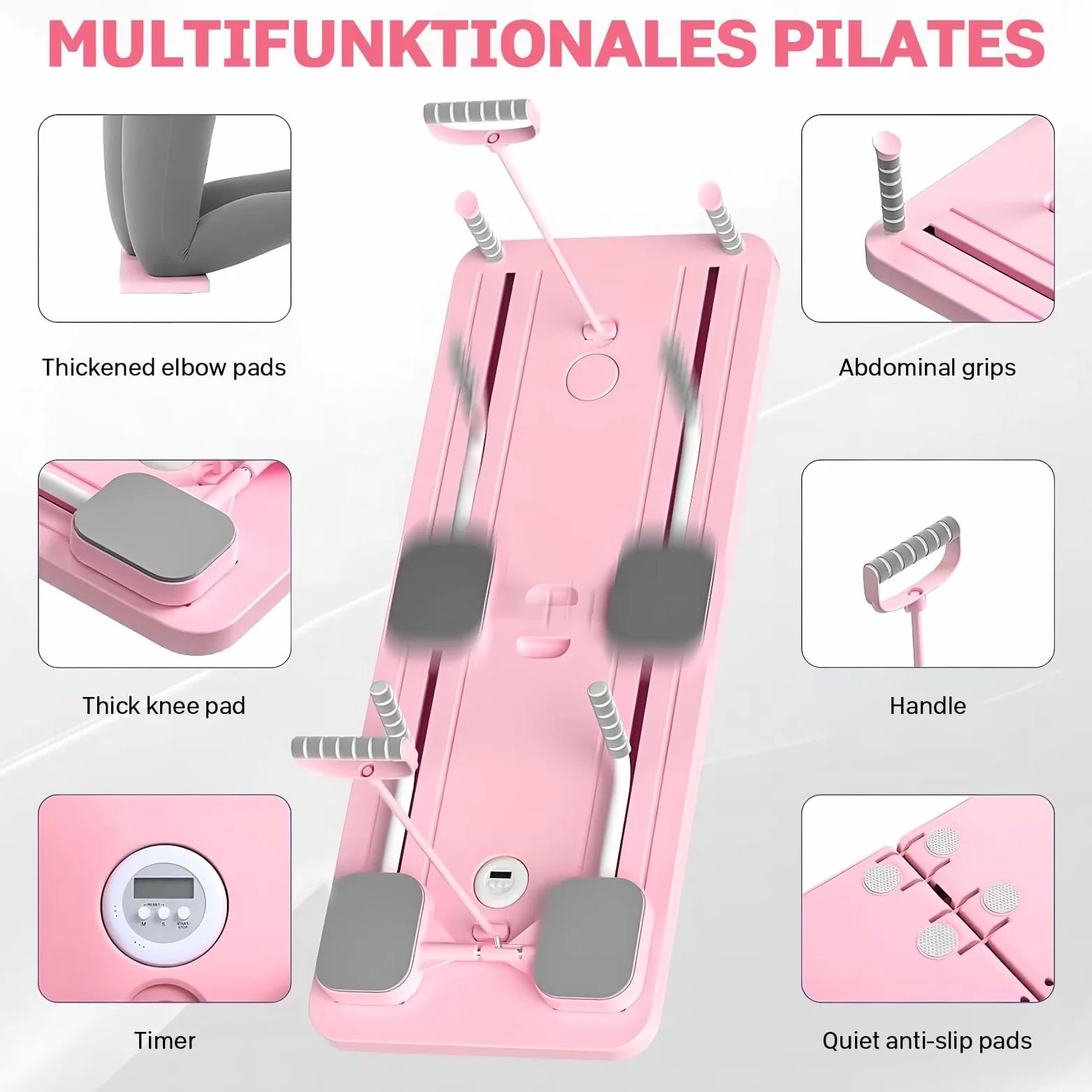 Pilates Board, riformatore pilates 5 in 1 con ruota addominale automatica e timer, multifunzione, pieghevole, per la casa e la palestra (rosa)