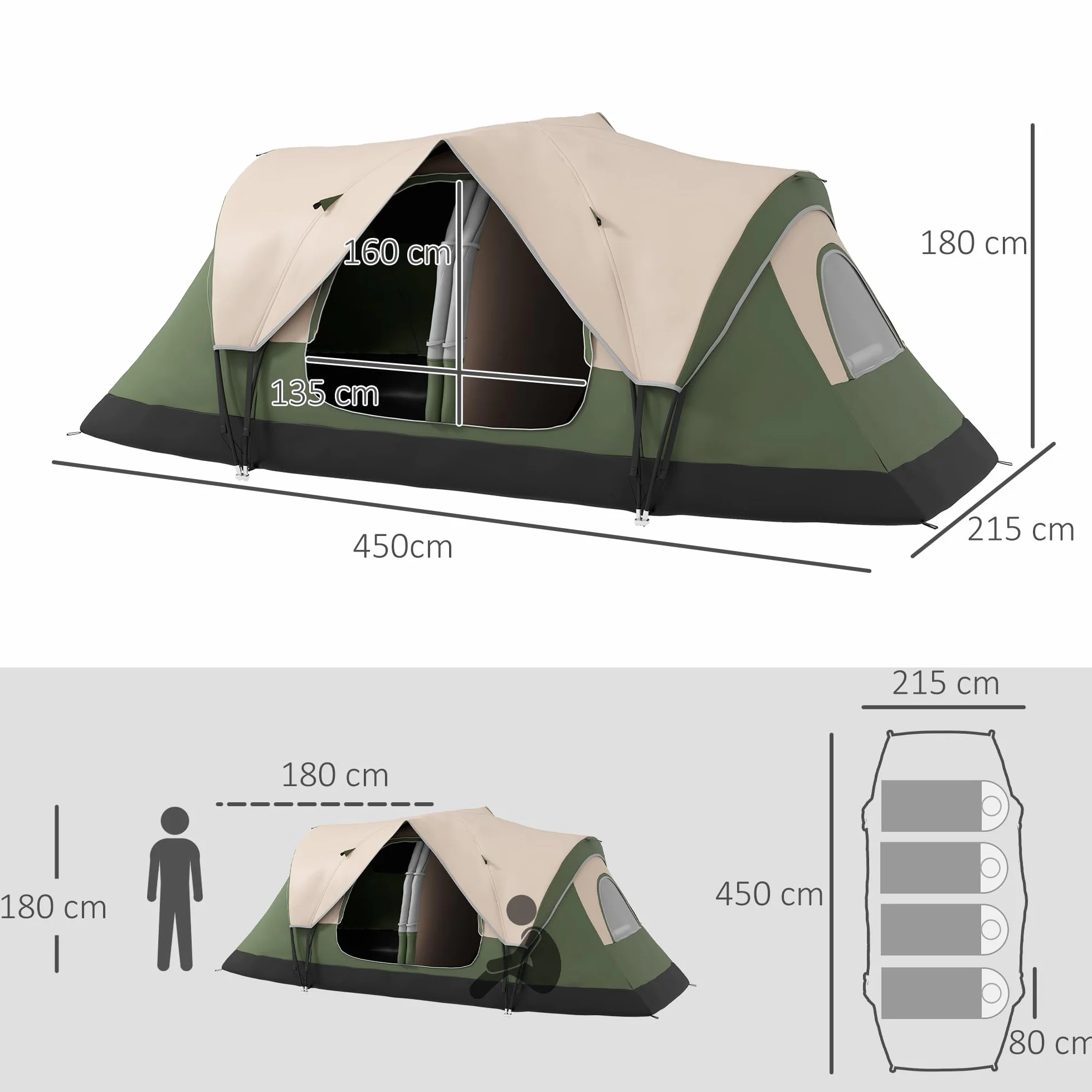 Outsunny Tenda da Campeggio 6-8 Posti 2 Stanze Separate Tunnel Protezione PU2000mm 450x215x180 cm
