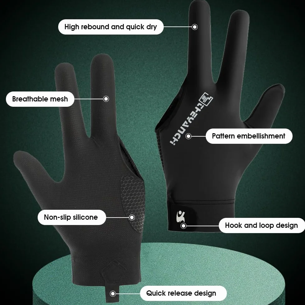 Guanti di biliardo professionisti traspiranti a 3 dita per snooker, accessorio sinistra, Nero