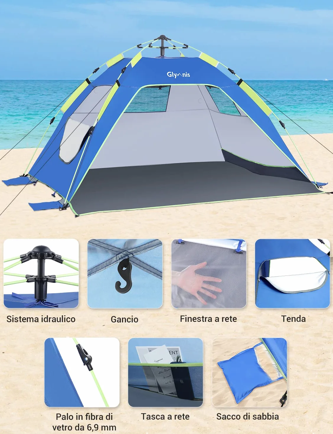Tenda da Spiaggia Quick-up UPF 50+ 215x150x115cm 3-4 Persone con Finestre e Porte