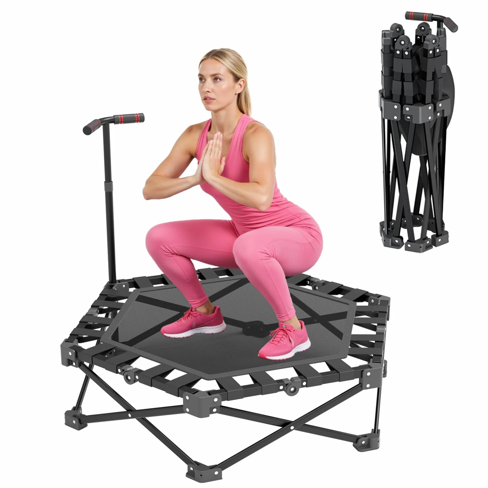 Mini Trampolino Fitness Pieghevole per Adulti, Trampolino per Interni con Maniglia Regolabile, 106 cm, Portata 275 kg, Trampolin per Casa