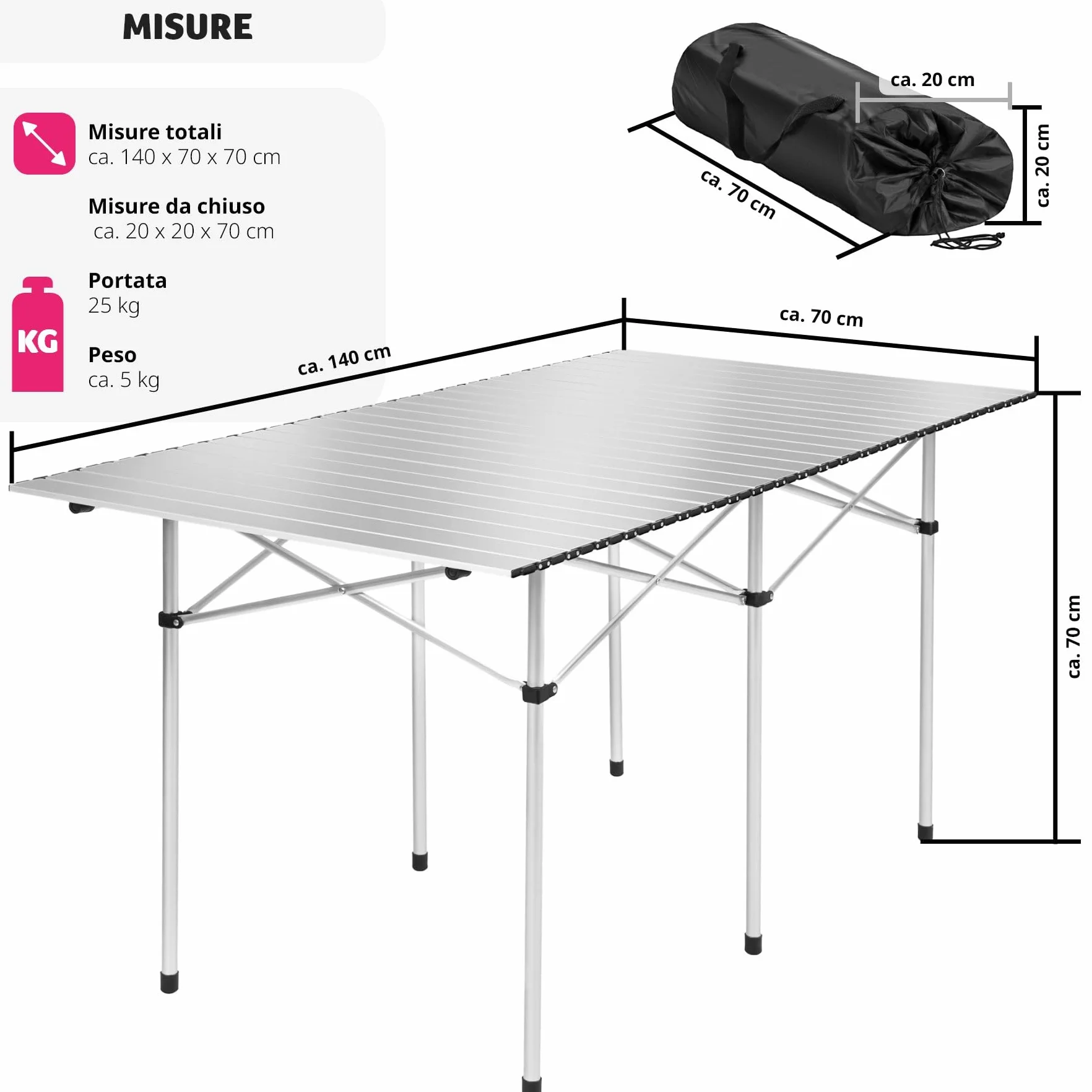 Tavolo da Campeggio Pieghevole in Alluminio 140x70x70 cm Grigio con Borsa da Trasporto
