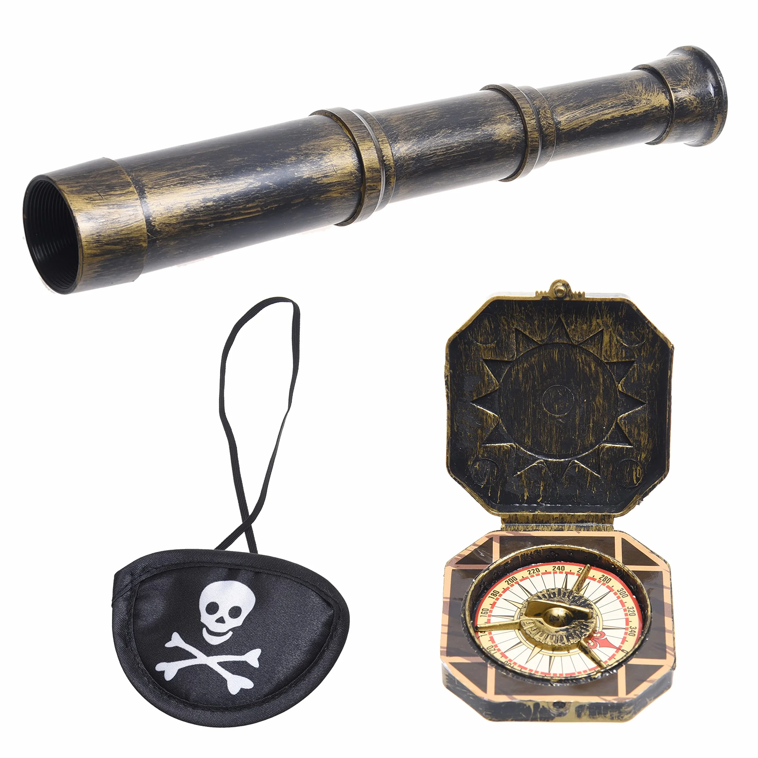 Pirata Cannocchiale Telescopio e Bussola di Scena con Benda sull'Occhio - Accessori per Feste Vintage