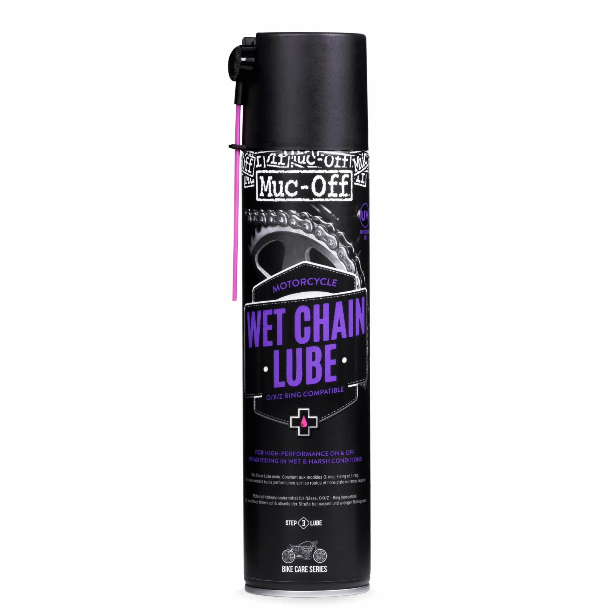 Muc-Off Wet Motorcycle Chain Lube, 400 ml - Grasso Catena Moto Spray di Alta Qualità - Lubrificante Catena Moto Formulato per Condizioni Atmosferiche Umide