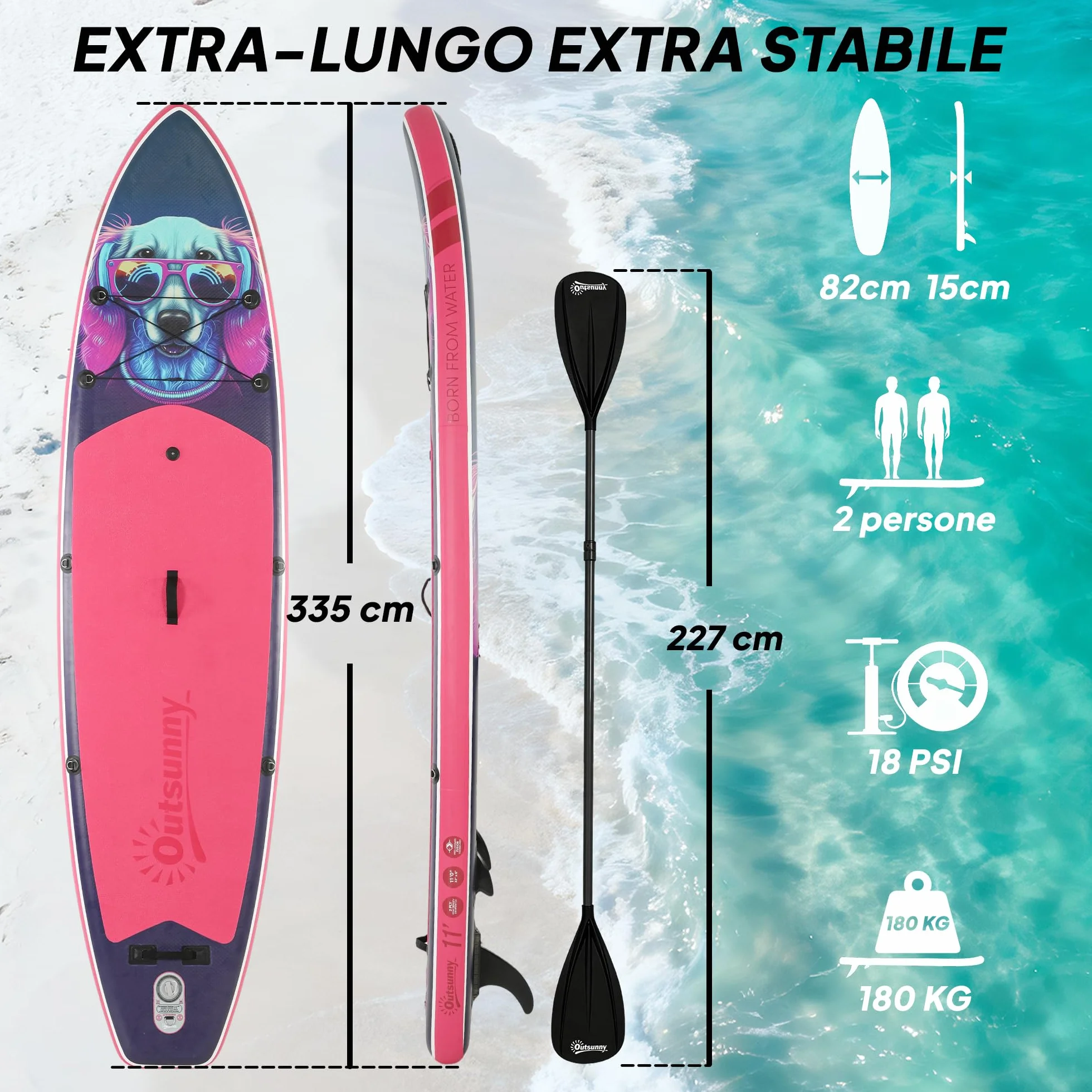 Outsunny Tavola Sup Gonfiabile Adulti, 335 cm Extra-Lunga Stand Up Paddle Board con Sedile, Pagaia Convertibile, Ponte Antiscivolo, Zaino, Pompa, 3 Pinne, Custodia Telefono Impermeabile, Carico 180kg