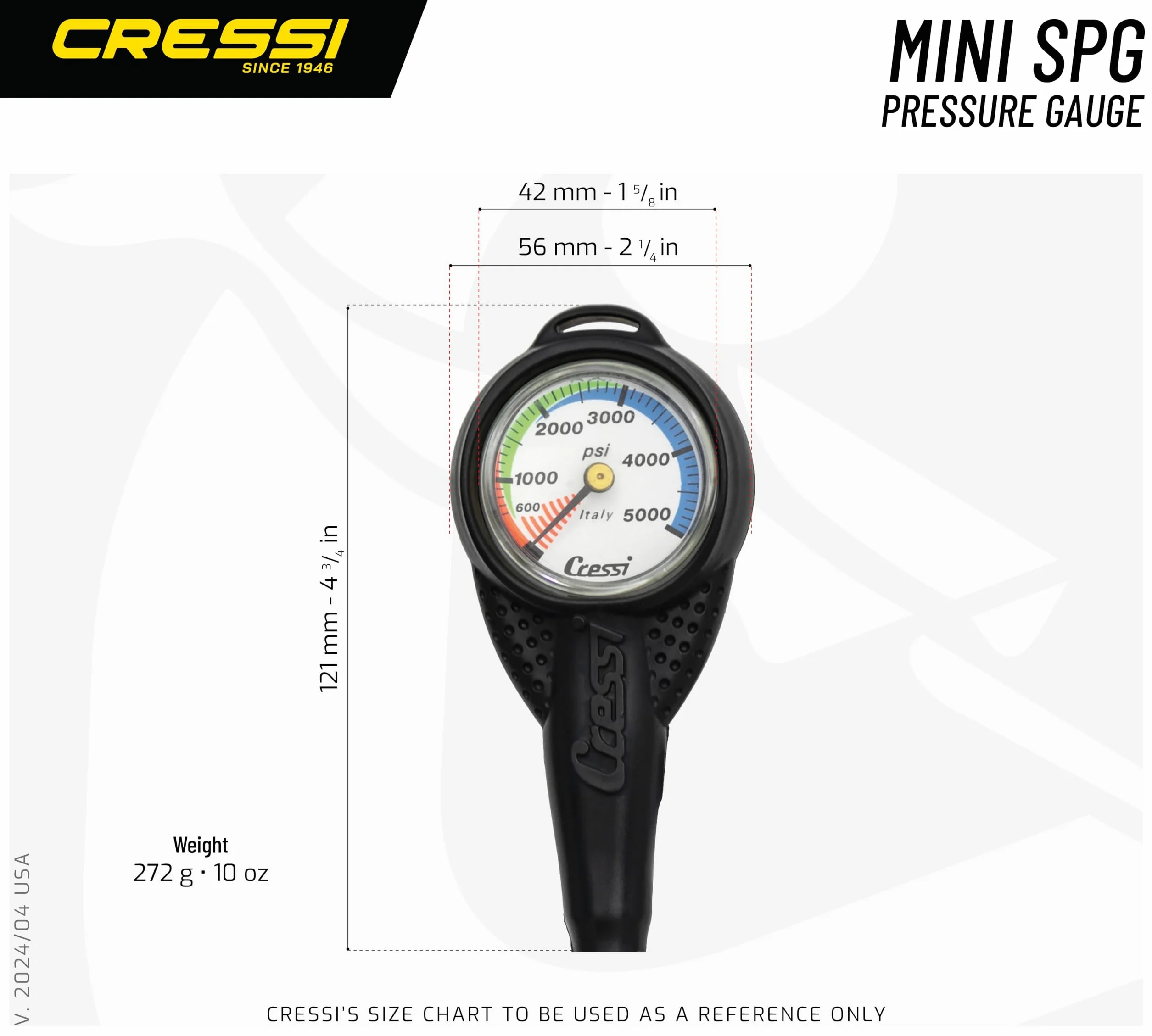 Cressi Mini SPG W/Rubber Housing Vale 300 C White (Bar) - Mini Manometro con Guscio in Gomma e Frusta HP, Bianco, Taglia Unica, Unisex