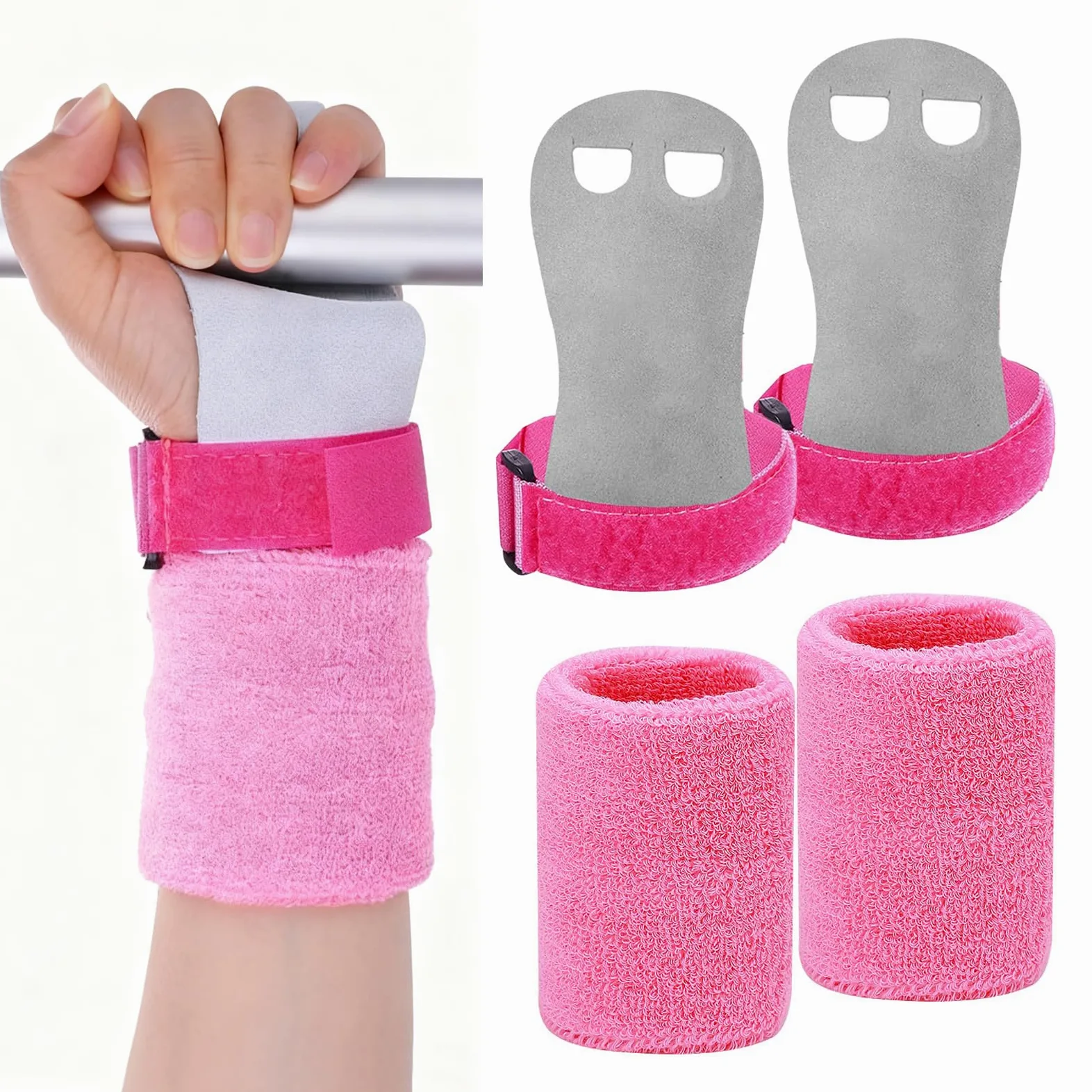 2 paia di cinghie elastiche per bambini, guanti da ginnastica per bambini, con bracciali, manopole regolabili per bambini, imbottiture per crossfit, bodybuilding, calistenica, pesi (rosa)