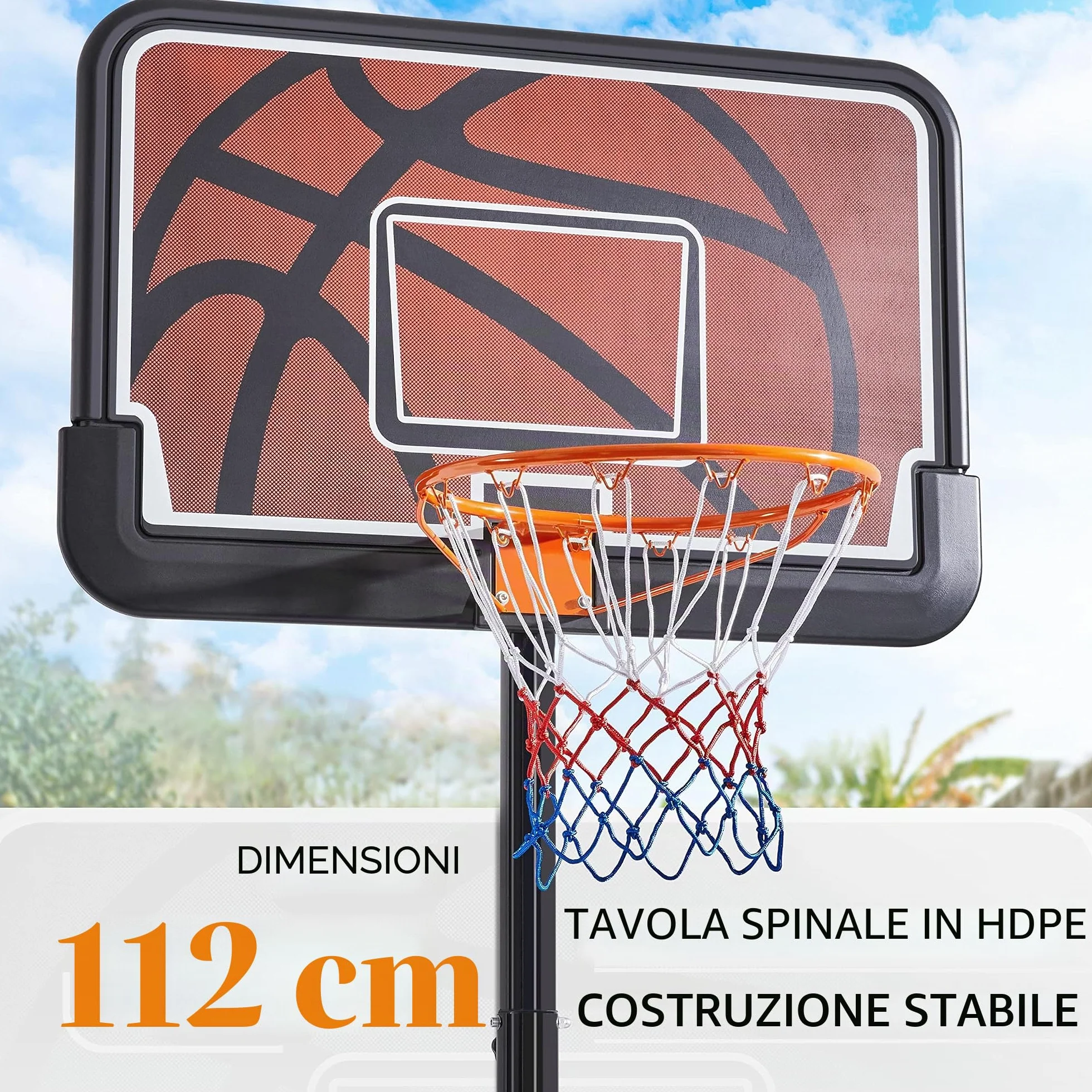 Yaheetech Canestro da Basket Regolabile 233-308 cm HDPE Metallo Interno Esterno Nero Arancione