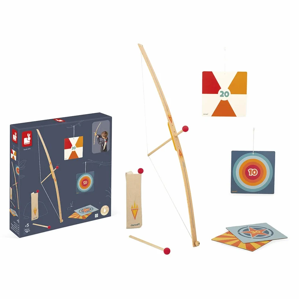 Janod Set Tiro con l'Arco in Legno con 3 Frecce Faretra e 4 Bersagli Gioco all'Aperto