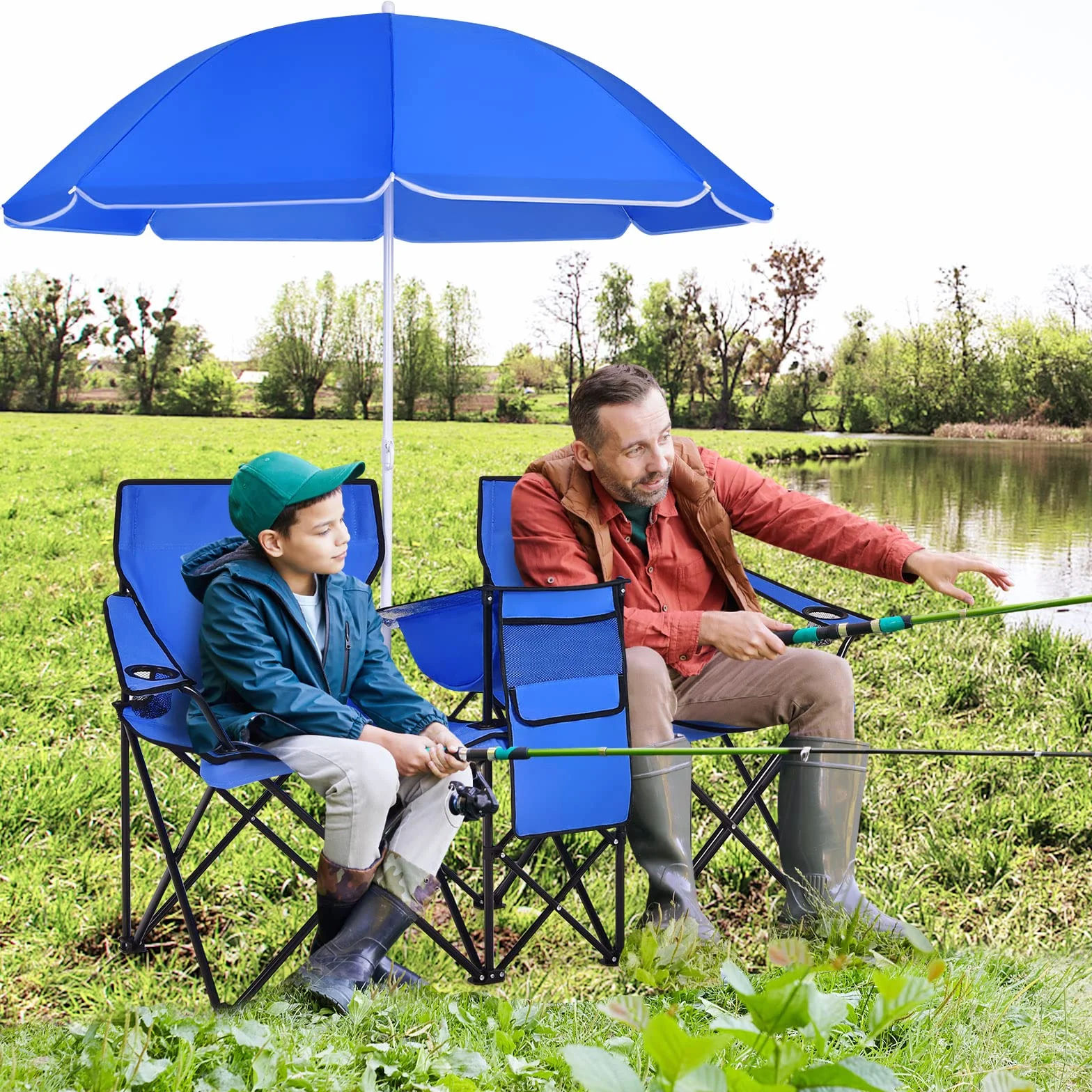 KOMFOTTEU Sedia Pieghevole da Campeggio Doppia, 2 Sedie da Esterno con Tettuccio Parasole Regolabile, Borsa Frigo e Portabevande (Blu)