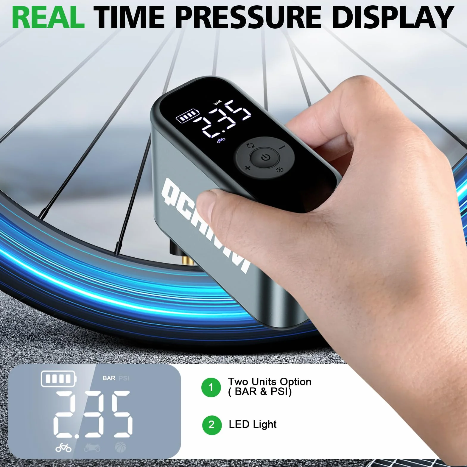 Pompa per Bicicletta Elettrica Mini con Manometro, 120PSI Bike Tire Pump Portatile per Valvola Schrader e Presta, Unità PSI/BAR