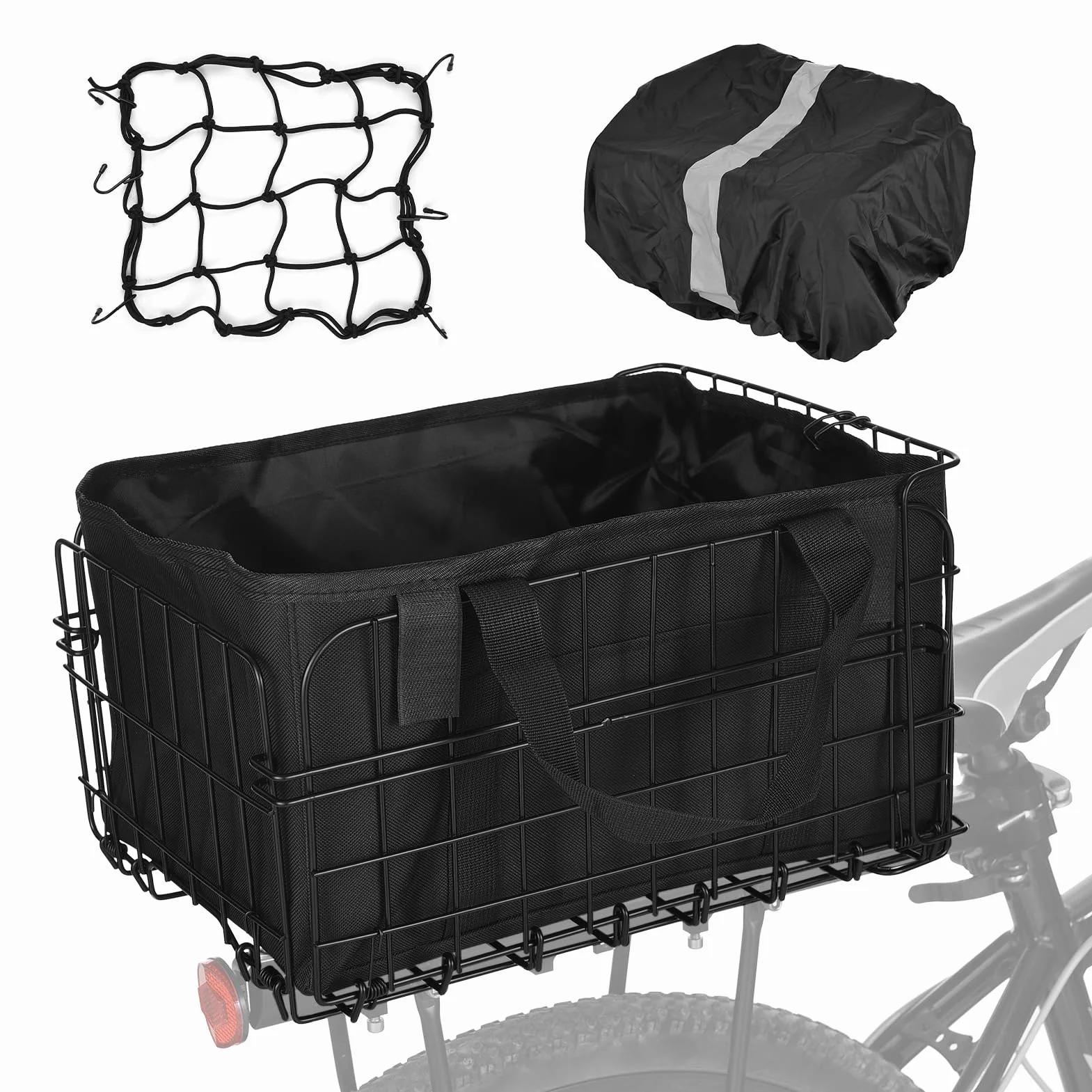 Folding Rear Bike Basket 60L with Removable Liner Bag Rain Cover Net Bag for Carrying Dogs Pets Fruit Grocery