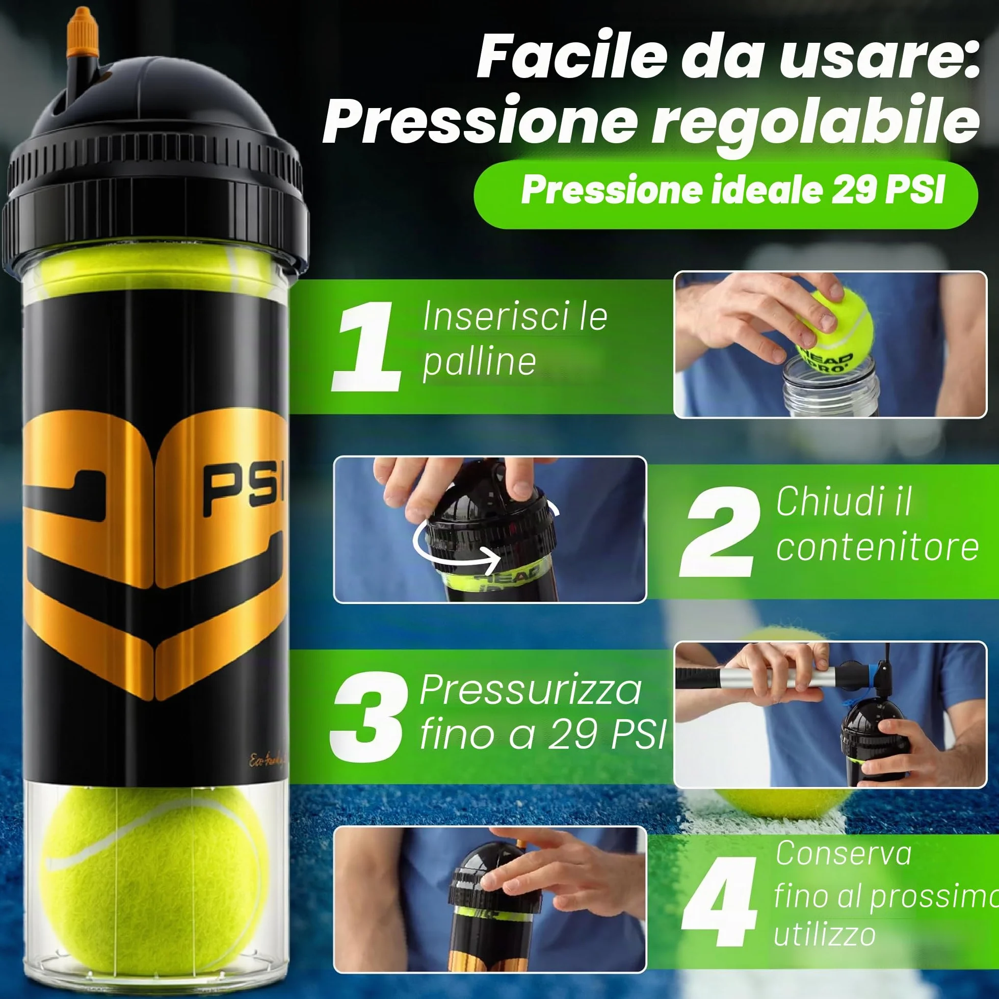 TUBOPLUS Pressurizzatore Palline Tennis Paddle 29PSI Mantiene Pressione Rimbalzo Barca Stagna