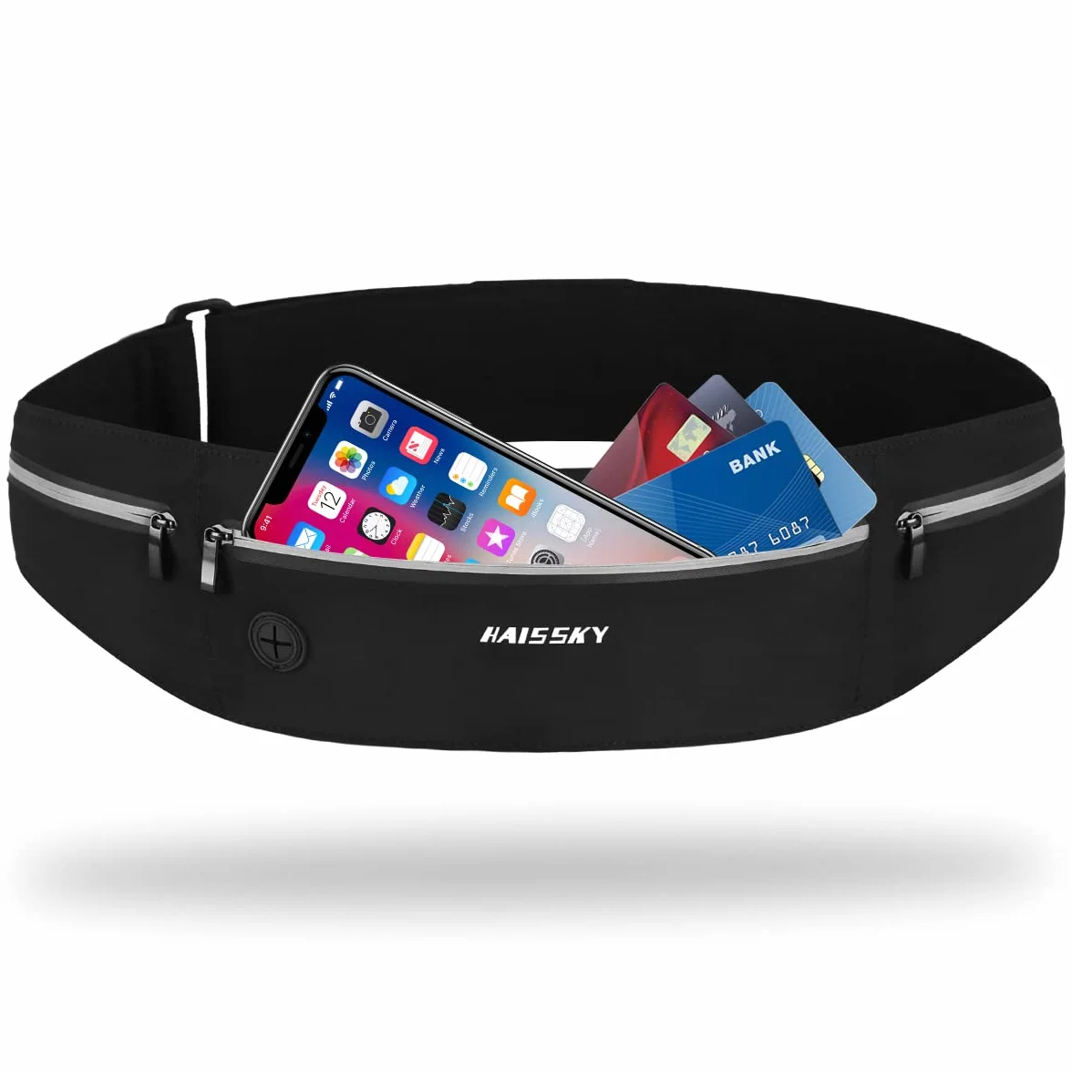 HAISSKY Cintura da Corsa con Cerniera e Foro per Cuffie, Marsupio per Telefoni Fino a 6,8 Pollici